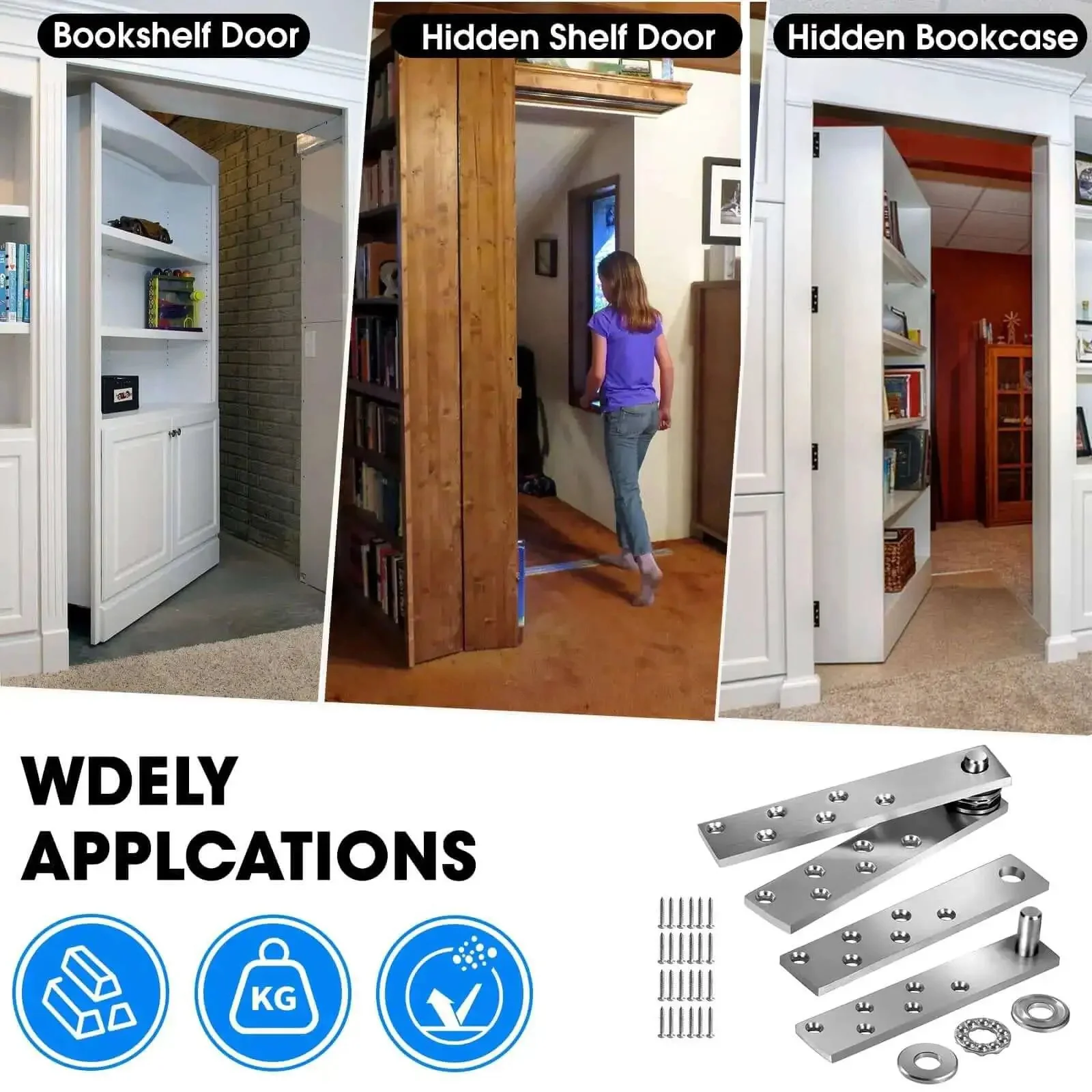 Pivot Door Hinges Heavy Duty Stealthy Hidden Hinge Kit for Wood Secret Doors and Bookcases 360 Degree Rotation Pull Cable Style Large Stainless Steel Construction for Invisible Bookcase Doors - Image 2