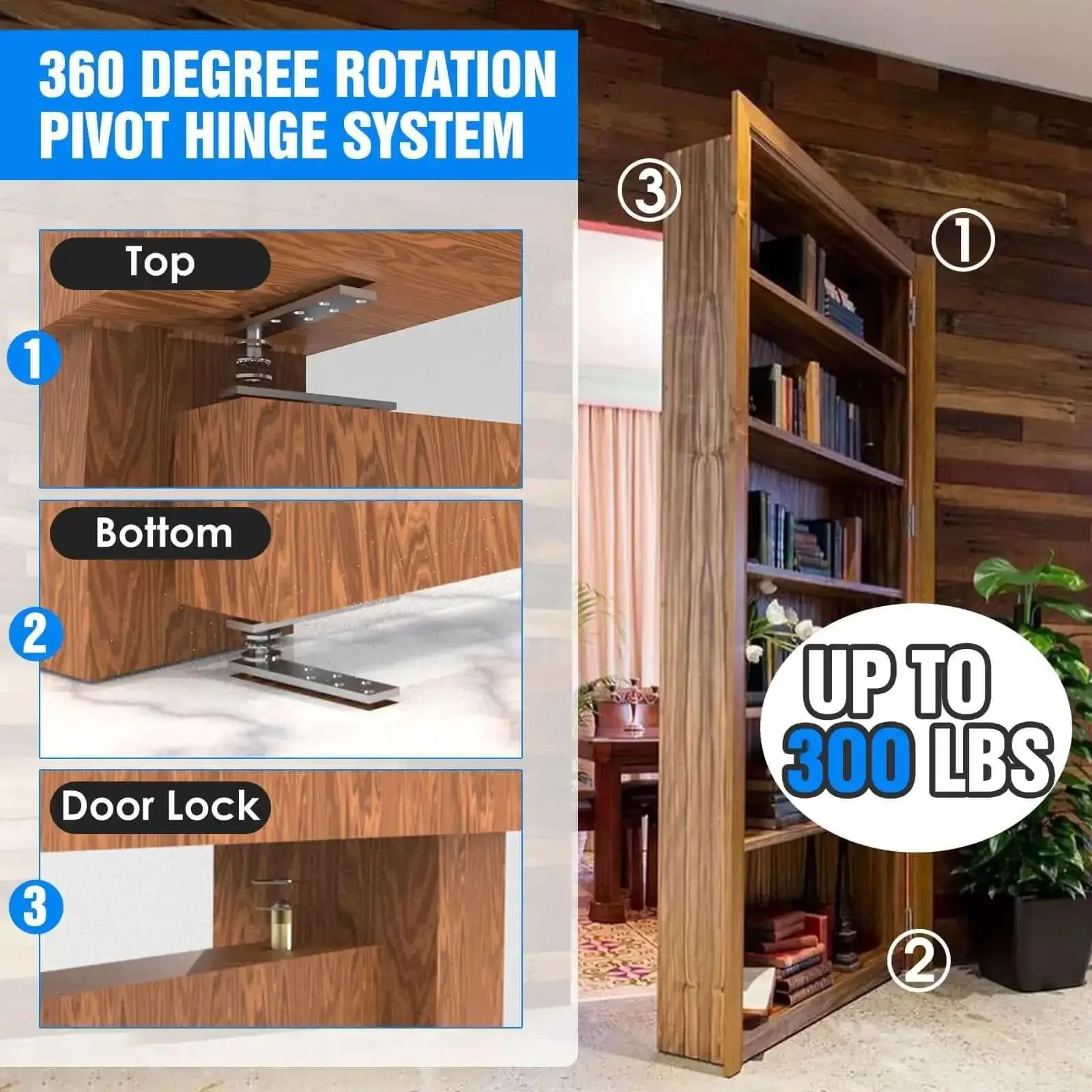 Pivot Door Hinges Heavy Duty Stealthy Hidden Hinge Kit for Wood Secret Doors and Bookcases 360 Degree Rotation Pull Cable Style Large Stainless Steel Construction for Invisible Bookcase Doors - Image 6