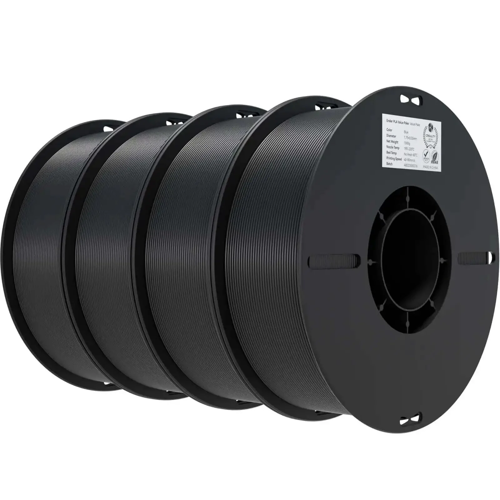 PLA 3D Printer Filament 1.75mm 4kg Bulk Pack Includes Four 1kg Spools Black Low Warp Easy Print Glossy Finish Dimensional Accuracy Fits Most FDM Printers
