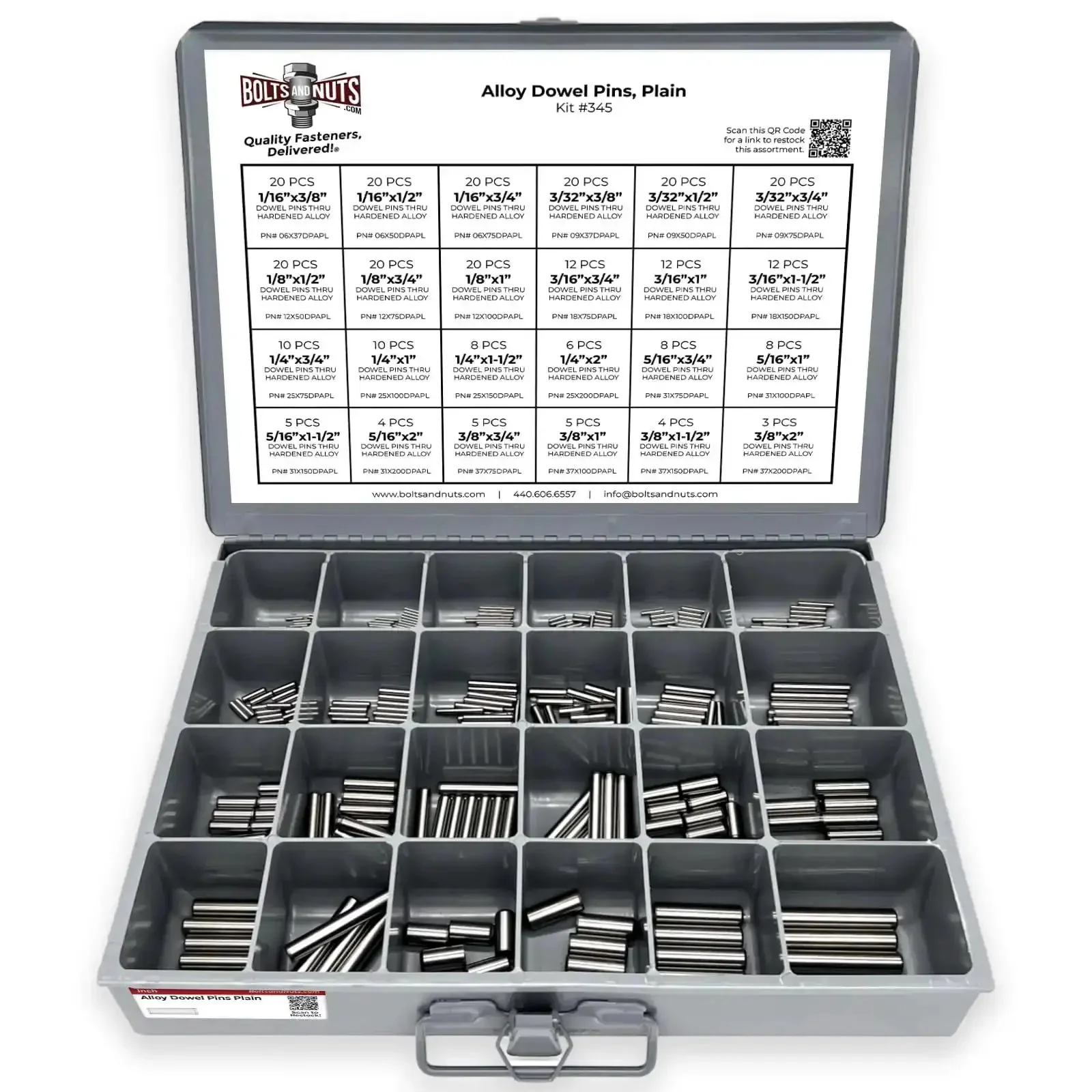 Plain Finish Hardened Alloy Dowel Pins Assortment, 293 Pieces, High Precision Metal Pins For Alignment, Machining, And Repairs, Durable Industrial Grade Tooling Supply For Hobbyists And Pros