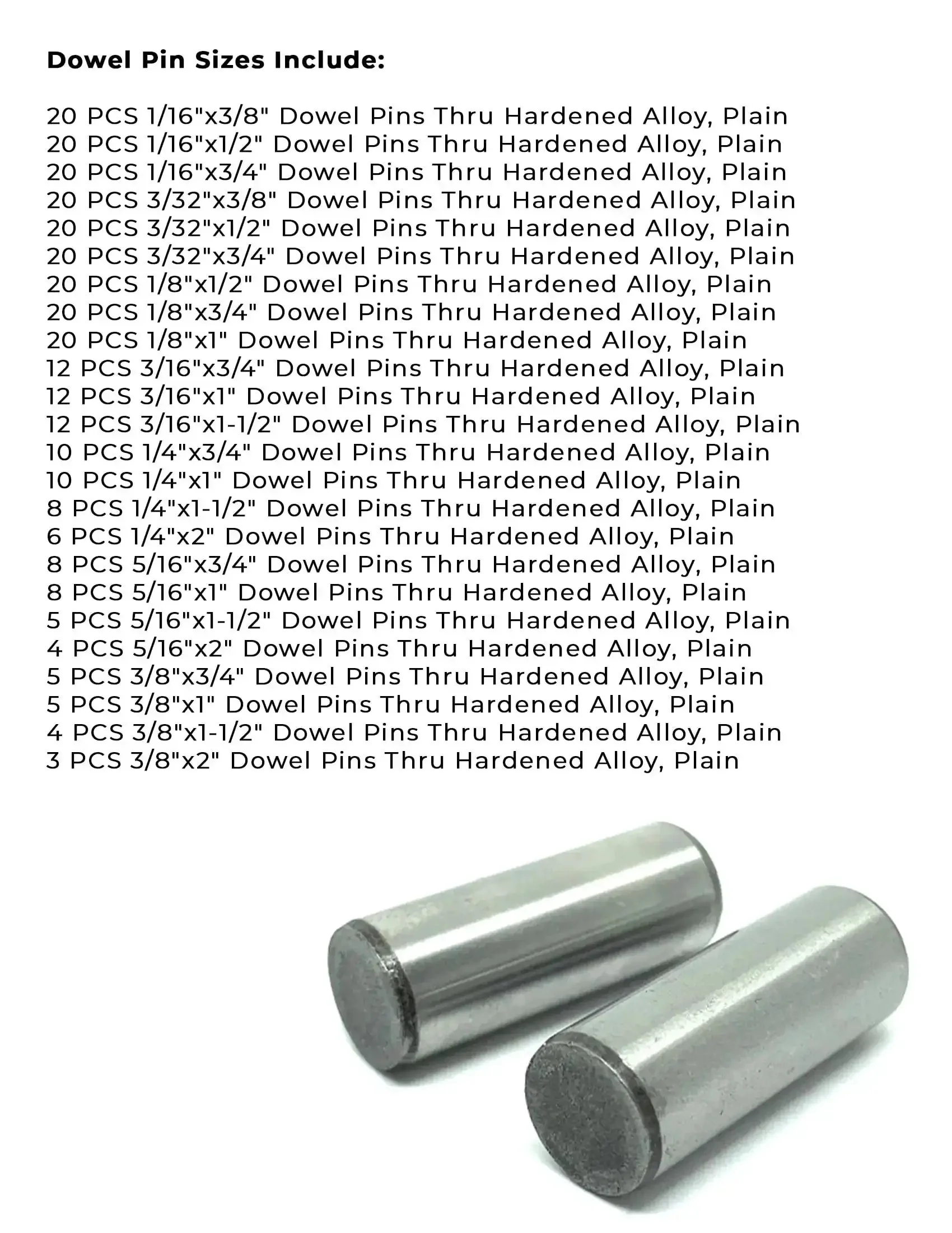 Plain Finish Hardened Alloy Dowel Pins Assortment, 293 Pieces, High Precision Metal Pins For Alignment, Machining, And Repairs, Durable Industrial Grade Tooling Supply For Hobbyists And Pros - Image 3
