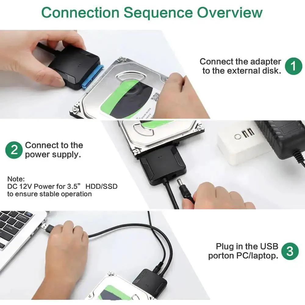 Plug And Play SATA To USB 3.0 External Adapter Cable For 2.5 Inch And 3.5 Inch HDD And SSD With Power Supply Fast Data Transfer Clone Backup Drive Health Check And Easy Drive Access - Image 2