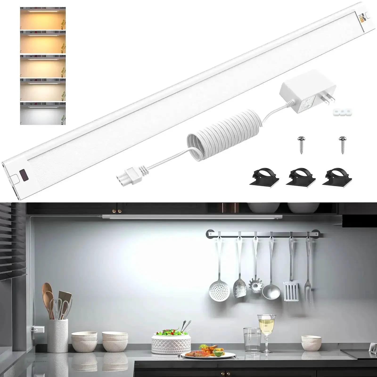 Plug In 24 Inch Under Cabinet Light Bar With Wave Sensor, Touchless Dimming, 1400 Lumen LED Strip, Color Tunable 2700K To 6500K, White Panel, Dope Bright Task Lighting For Kitchen Cabinets, Shelves, And Desks