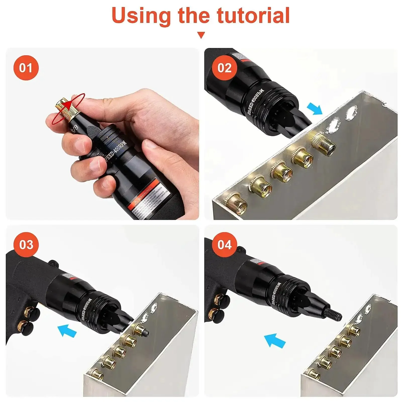 Pneumatic Rivet Nut Gun Kit With Self Locking Head And Adjustable Speed, Four Size Quick Change Heads For 10-24 1/4 5/16 3/8, Mandrels Included For Each Size - Image 3