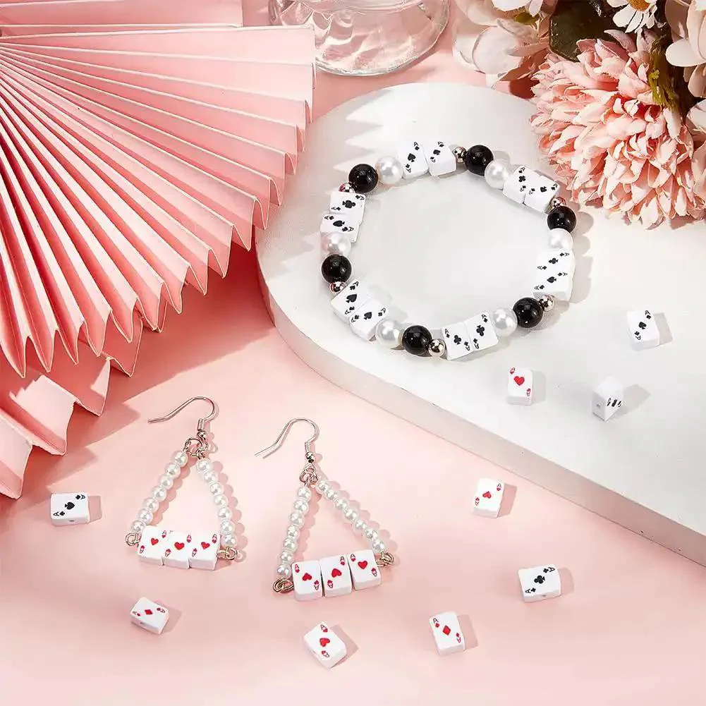 Polymer Clay Beads Poker Card Print Flat Rectangle Spacer Beads 300Pcs For Jewelry Making Necklace Bracelet DIY Accessories Black White Hearts Clubs Diamonds - Image 4