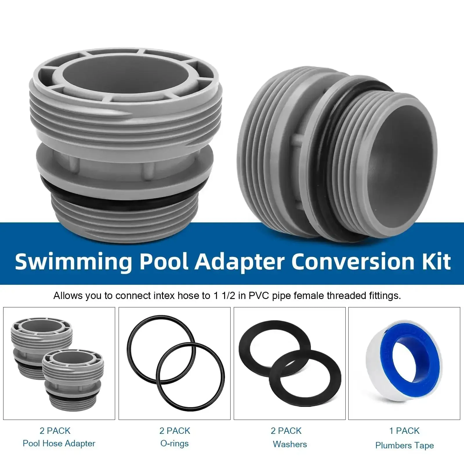 Pool Hose Adapter Kit 40mm To 1.5 Inch For Above Ground Pools, Lets You Match 40mm Hoses To 1.5 Inch Hayward Style Filter Hoses, 2 Pack Grey, Easy Plug And Play Connection, Durable Conversion Set - Image 4
