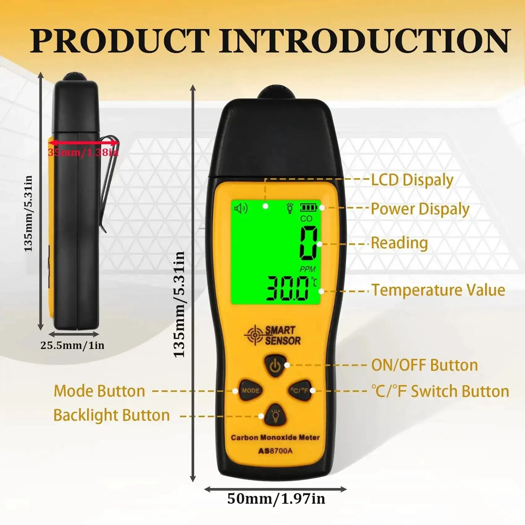 Portable Carbon Monoxide Detector With Temperature Sensor And LCD Backlit Screen, All-In-One Handheld CO Meter Tester 0-1000 PPM, Indoor Outdoor Use, Includes Battery Trio, Easy Real Time Readout For Home, Office, Or Workshop - Image 4