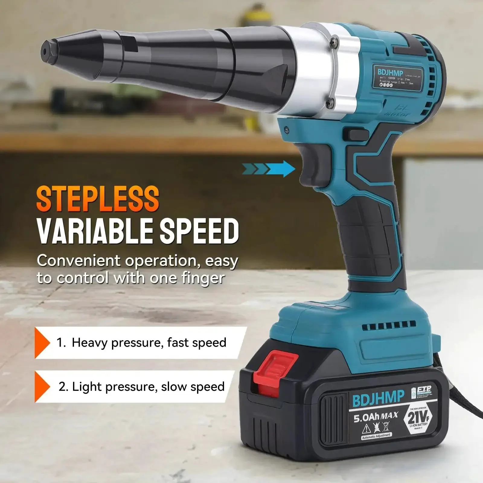 Portable Cordless Brushless Rivet Gun With Automatic Operation, Heavy Duty Electric Riveter Kit Delivers 2248 Lbf For 1/8 5/32 3/16 Rivets, Includes Two 5.0Ah Batteries And Makita 18V Battery Compatibility - Image 5