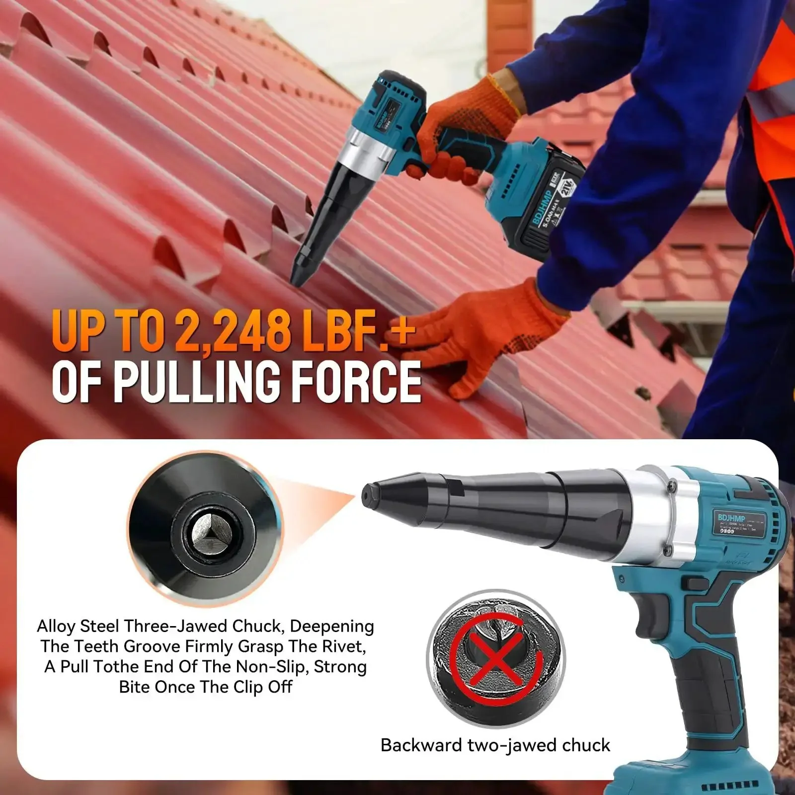 Portable Cordless Brushless Rivet Gun With Automatic Operation, Heavy Duty Electric Riveter Kit Delivers 2248 Lbf For 1/8 5/32 3/16 Rivets, Includes Two 5.0Ah Batteries And Makita 18V Battery Compatibility - Image 7