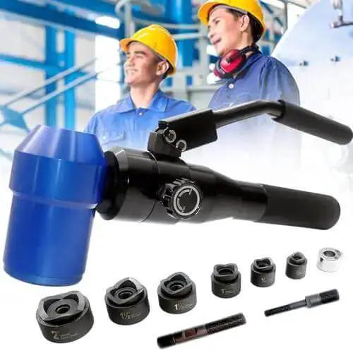 Portable Hydraulic Hole Punch Kit With Six Dies For Drilling Holes In Mild Steel Plates And Metal Sheets Manual Knockout Punch For Electrical Boxes Built Tough And Ready To Use Blue