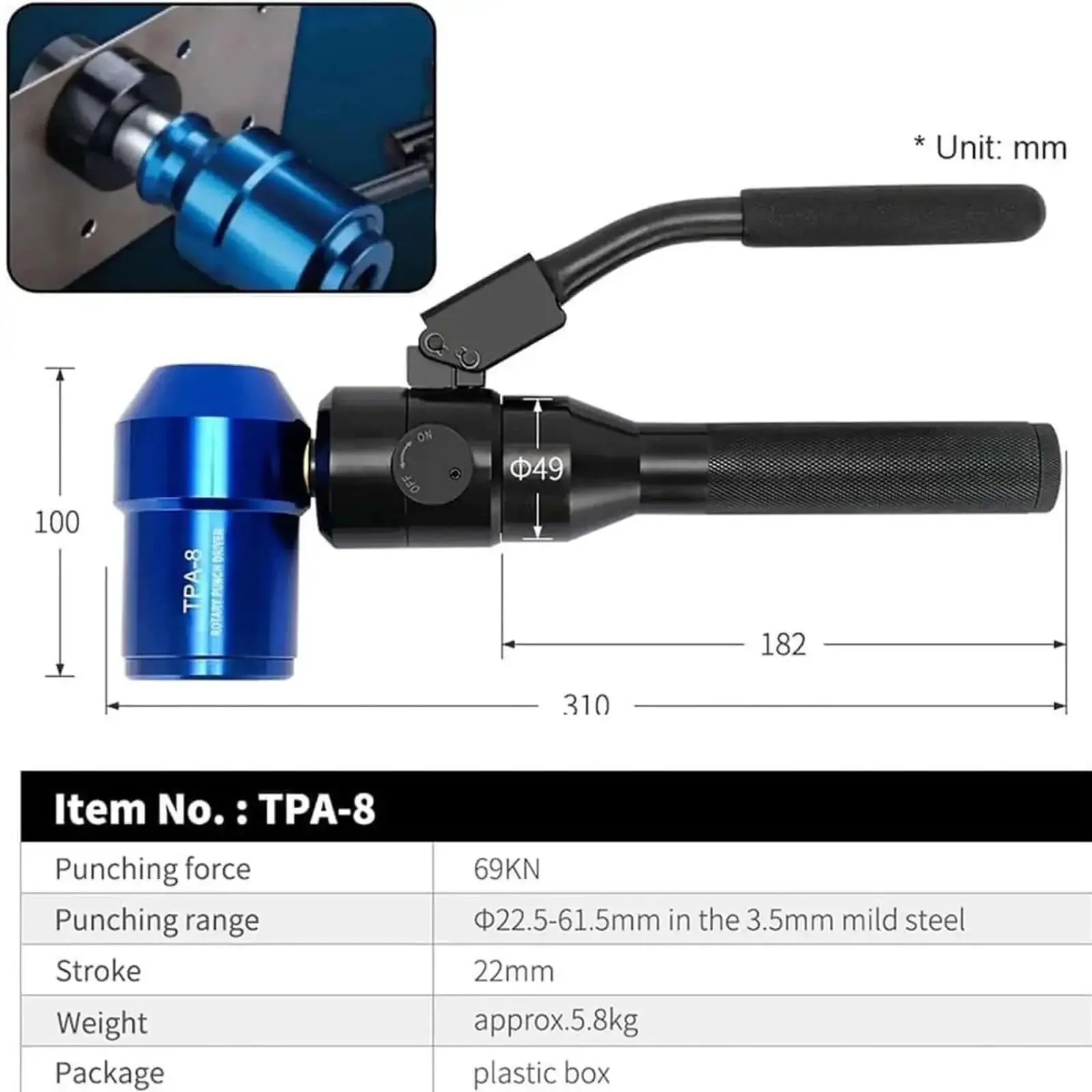 Portable Manual Hole Punch Kit With Six Interchangeable Dies For Steel And Metal Sheets, Punch Sizes 22.5mm To 61.5mm, Hole Range 10mm To 20mm, 22mm Stroke, Heavy Duty DIY Punch Set - Image 2
