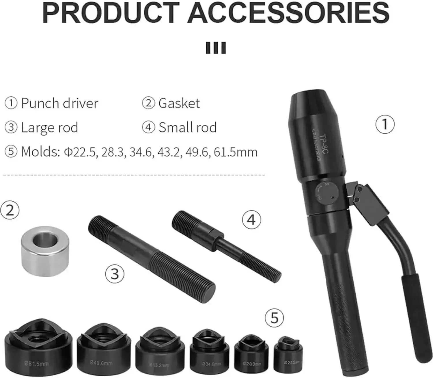Portable Manual Hydraulic Hole Punch Kit With Six Die Set For Electrical Conduit And Metal Sheet Work Beefy Pro Grade Knockout Punch Driver For Distribution Boxes Black Finish - Image 3