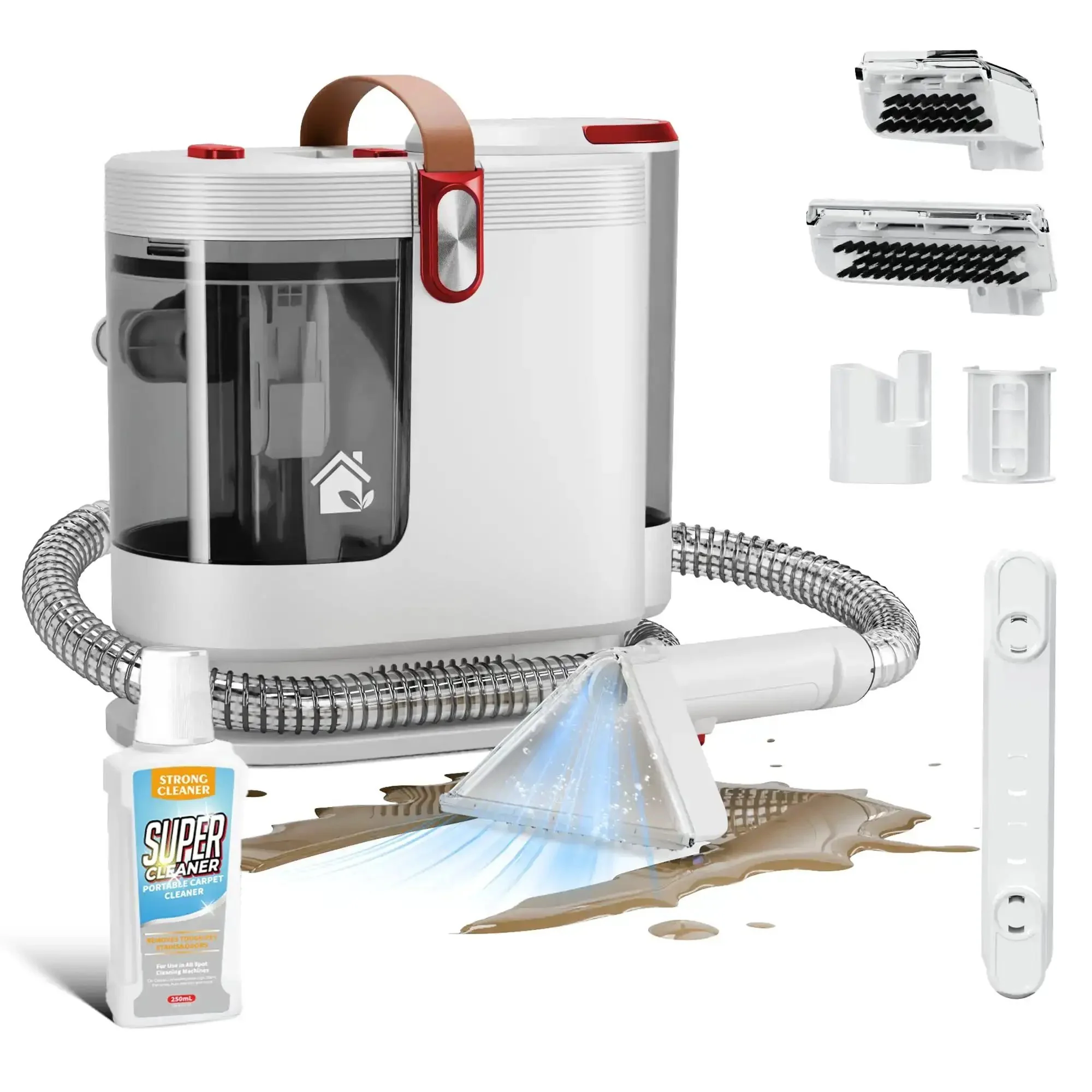 Portable Upholstery And Carpet Cleaner With 15KPa Suction And 500W Motor, Three Tool Attachments, No-Nonsense Self Cleaning System, Pet Stain Buster Deep Clean For Rugs, Furniture, Stairs, And Cars, Red