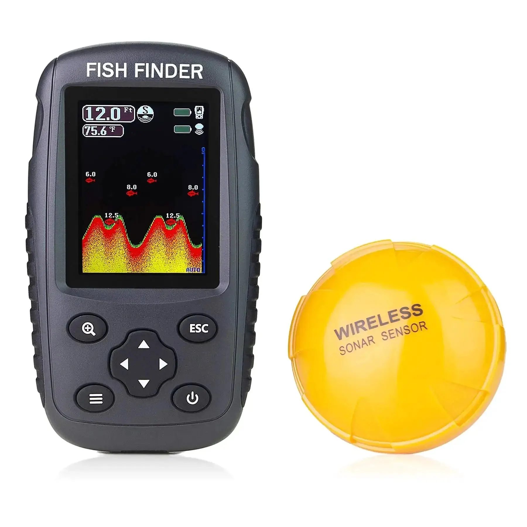 Portable Wireless Fish Finder With Rechargeable Battery, Castable Transducer, No Cable, Depth Locator, Temperature, Fish Size, Bottom Contour, And Color Display For Freshwater And Saltwater Angling