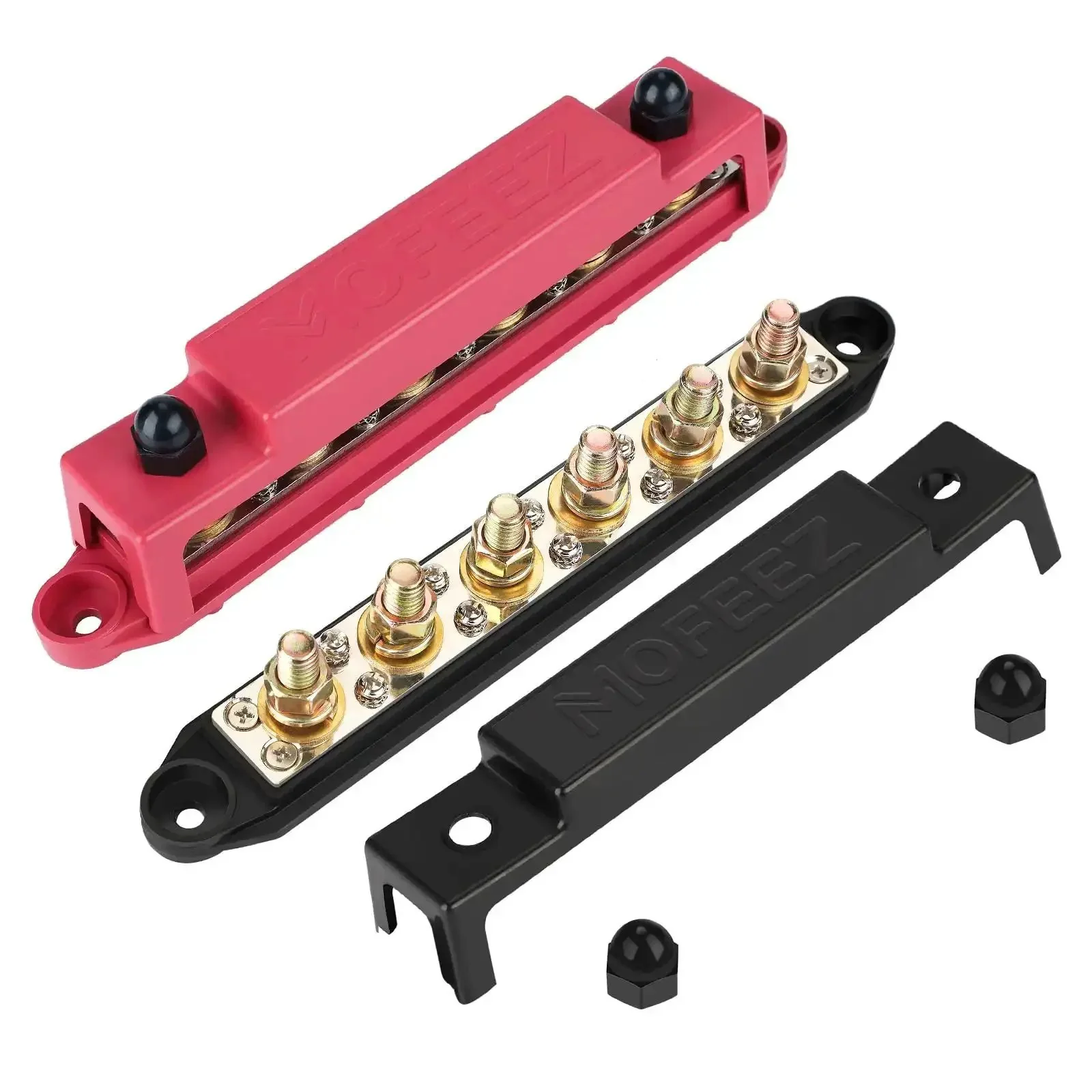 Power Distribution Block Bus Bar Kit With 6 3 By 8 Inch Posts And 10 No. 8 Terminal Screws, 48V DC 250A Beefy Continuous Rating, Red And Black Pair For Automotive Marine And DIY Power Wiring Projects