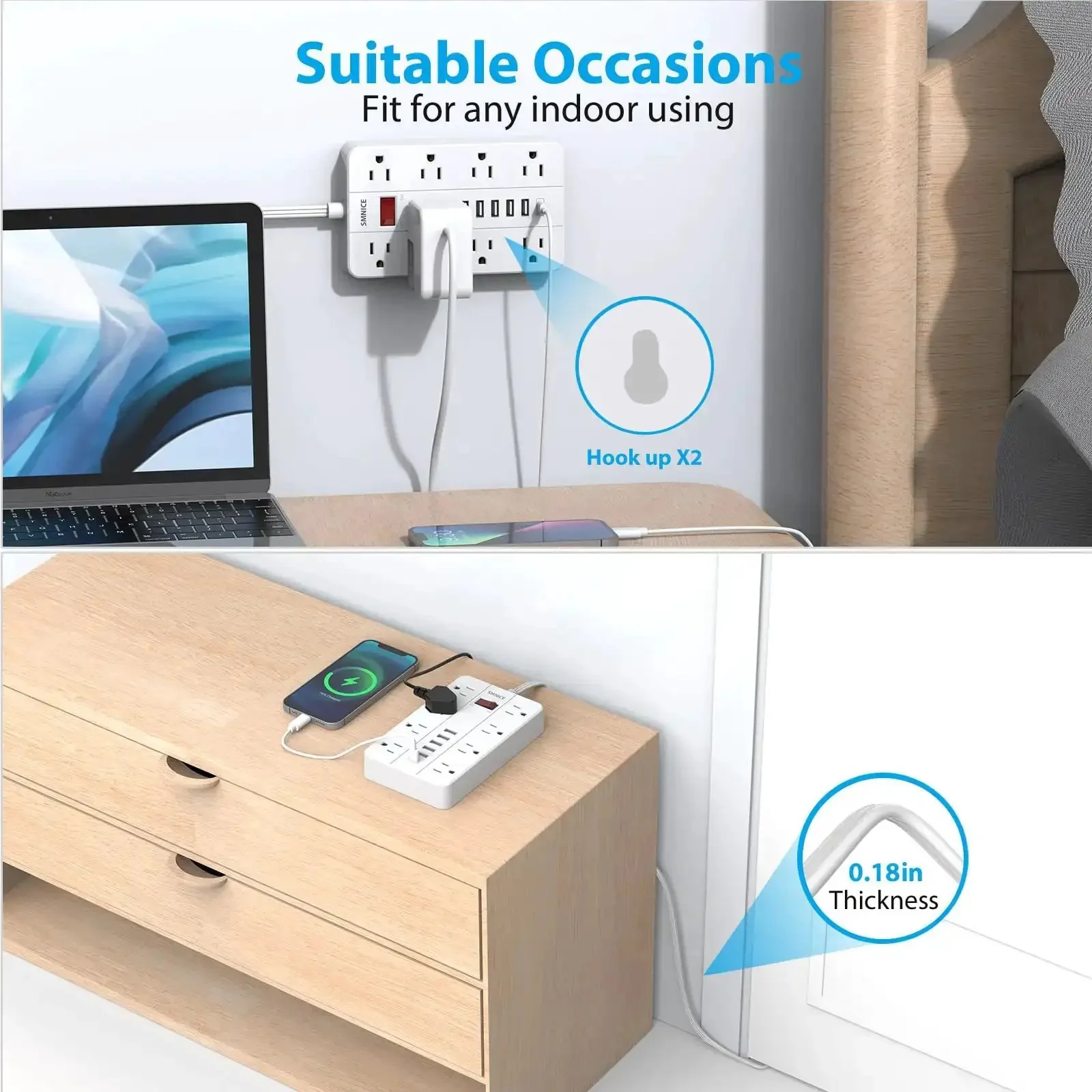 Power Strip With USB Ports And Surge Protector, Flat Plug, Eight Widely Spaced Outlets And Six USB Ports Including USB C, Five Foot Cord, Wall Mountable Charging Hub For Your Phone Tablet Laptop And Other Gear - Image 3