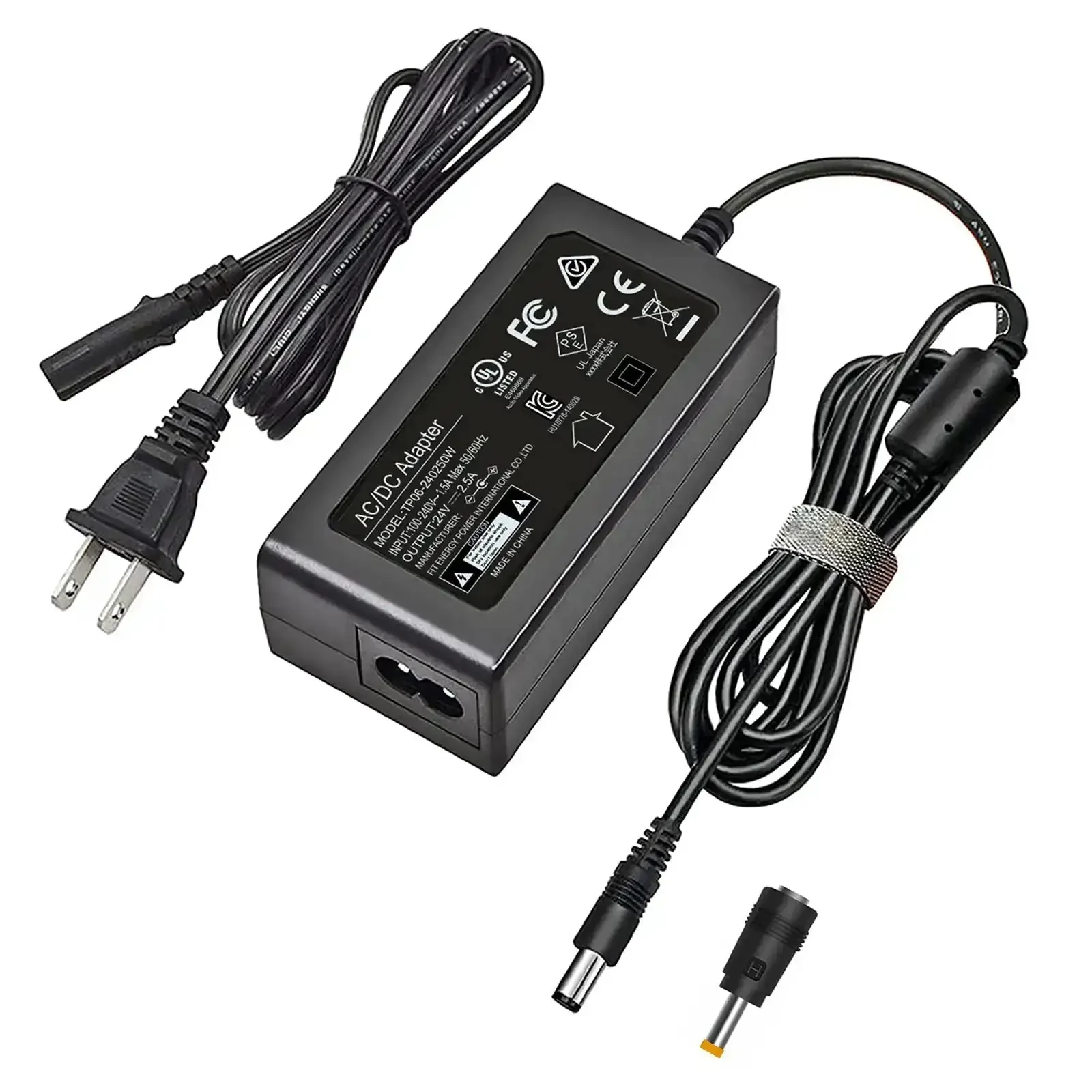 Power Supply Adapter 24V 2.5A DC Regulated Transformer Charger Plug-And-Play, 100-240V AC In, UL Listed, 60W Max, Includes 5.5x2.1 And 5.5x2.5 Plug Heads, Ideal For LED Lights, 3D Printers, CCTV, Soundbars, Monitors