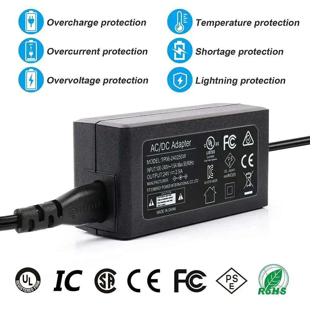 Power Supply Adapter 24V 2.5A DC Regulated Transformer Charger Plug-And-Play, 100-240V AC In, UL Listed, 60W Max, Includes 5.5x2.1 And 5.5x2.5 Plug Heads, Ideal For LED Lights, 3D Printers, CCTV, Soundbars, Monitors - Image 5