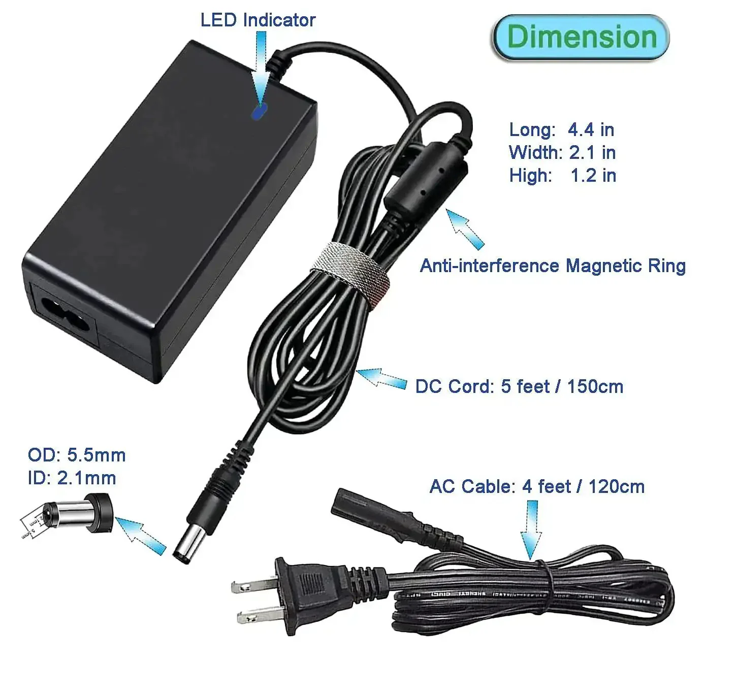 Power Supply Adapter 24V 2.5A DC Regulated Transformer Charger Plug-And-Play, 100-240V AC In, UL Listed, 60W Max, Includes 5.5x2.1 And 5.5x2.5 Plug Heads, Ideal For LED Lights, 3D Printers, CCTV, Soundbars, Monitors - Image 6