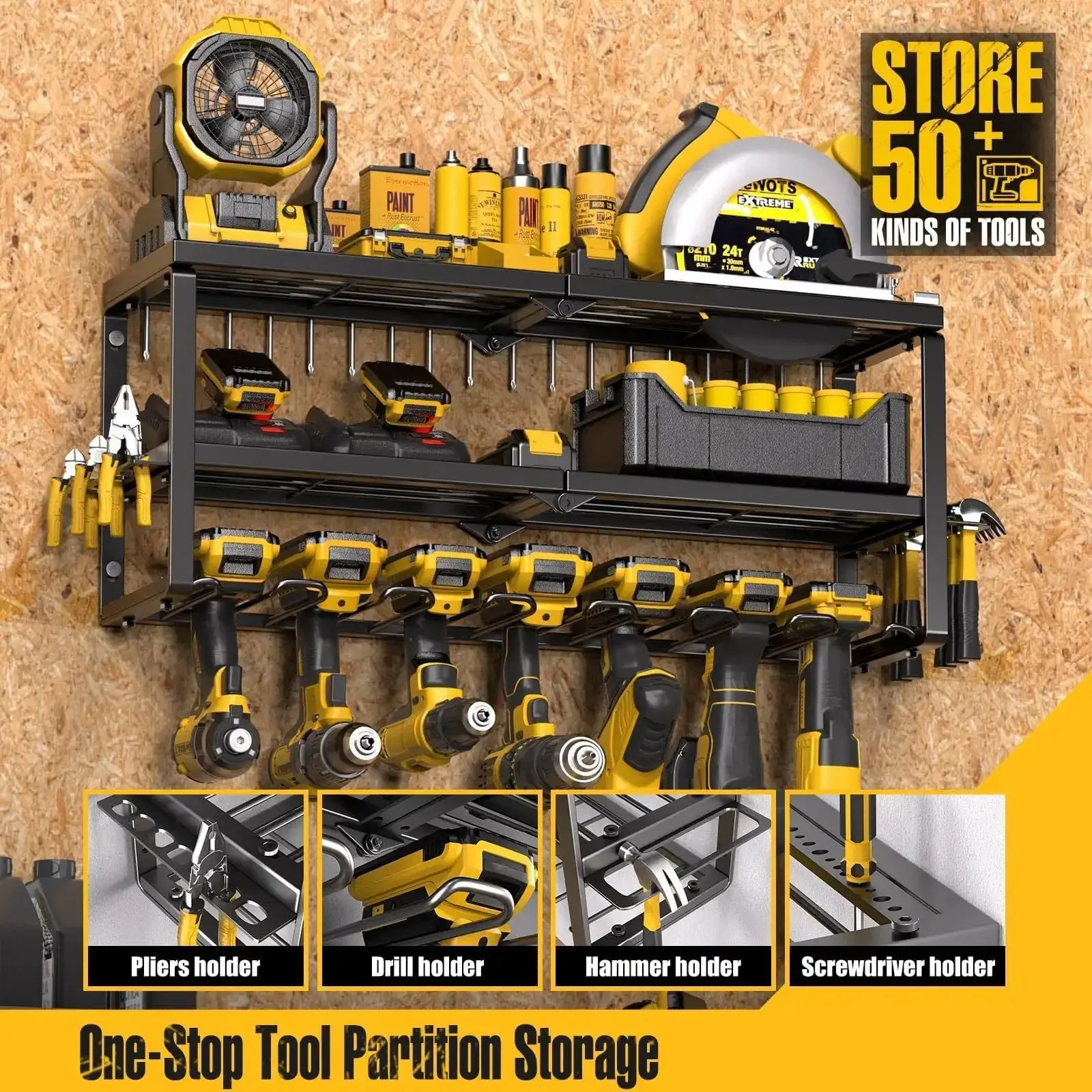 Power Tool Organizer For Gear Storage And Wall Mounted Drill Holder With Screwdriver Organizer For Garage Heavy Duty Metal Tool Shelf With Battery Holder And 320 Pound Load Capacity - Image 6