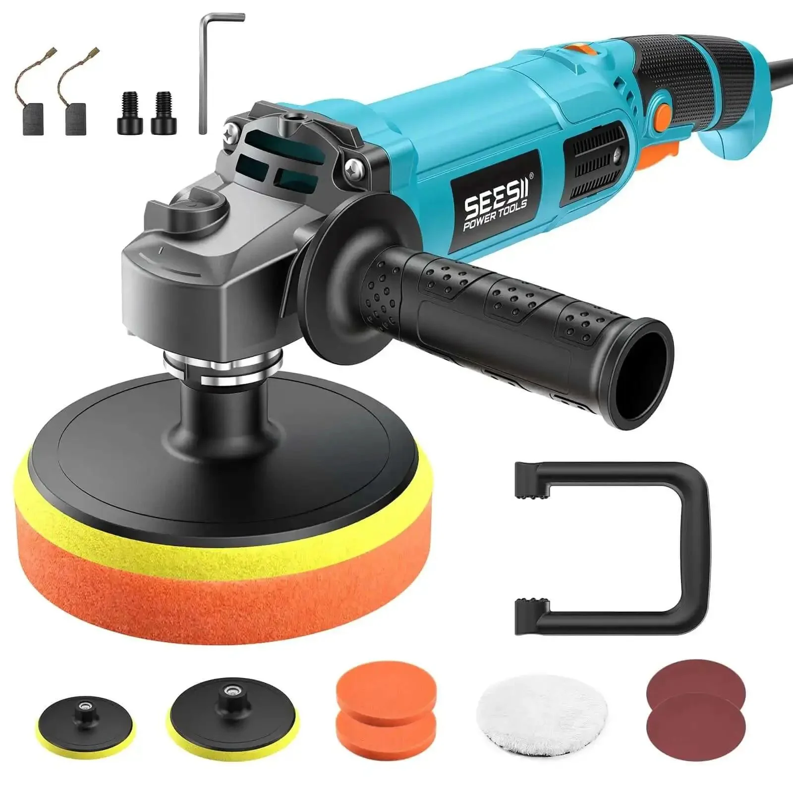 Powerful 1600W Rotary Buffer Polisher With Copper Motor, 7 Inch And 6 Inch Heads, Dual Size, Variable Speed 2056-3600 RPM, Detachable Handles, Ideal For DIY Detailers, Scratch Removal And Waxing, Car Care Pro Tool