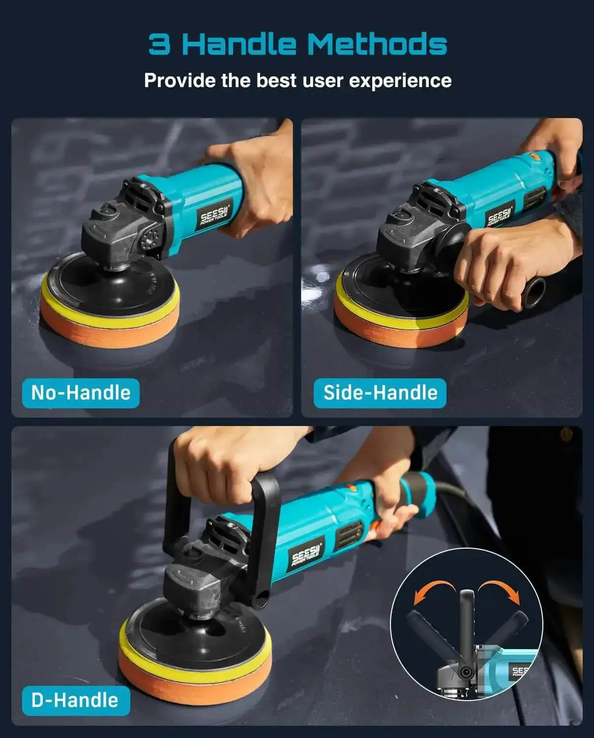Powerful 1600W Rotary Buffer Polisher With Copper Motor, 7 Inch And 6 Inch Heads, Dual Size, Variable Speed 2056-3600 RPM, Detachable Handles, Ideal For DIY Detailers, Scratch Removal And Waxing, Car Care Pro Tool - Image 5