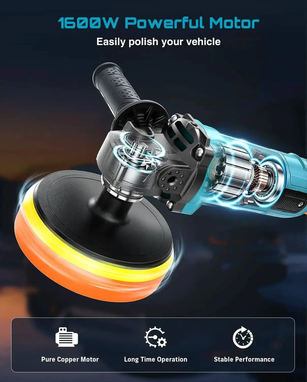 Powerful 1600W Rotary Buffer Polisher With Copper Motor, 7 Inch And 6 Inch Heads, Dual Size, Variable Speed 2056-3600 RPM, Detachable Handles, Ideal For DIY Detailers, Scratch Removal And Waxing, Car Care Pro Tool - Image 8