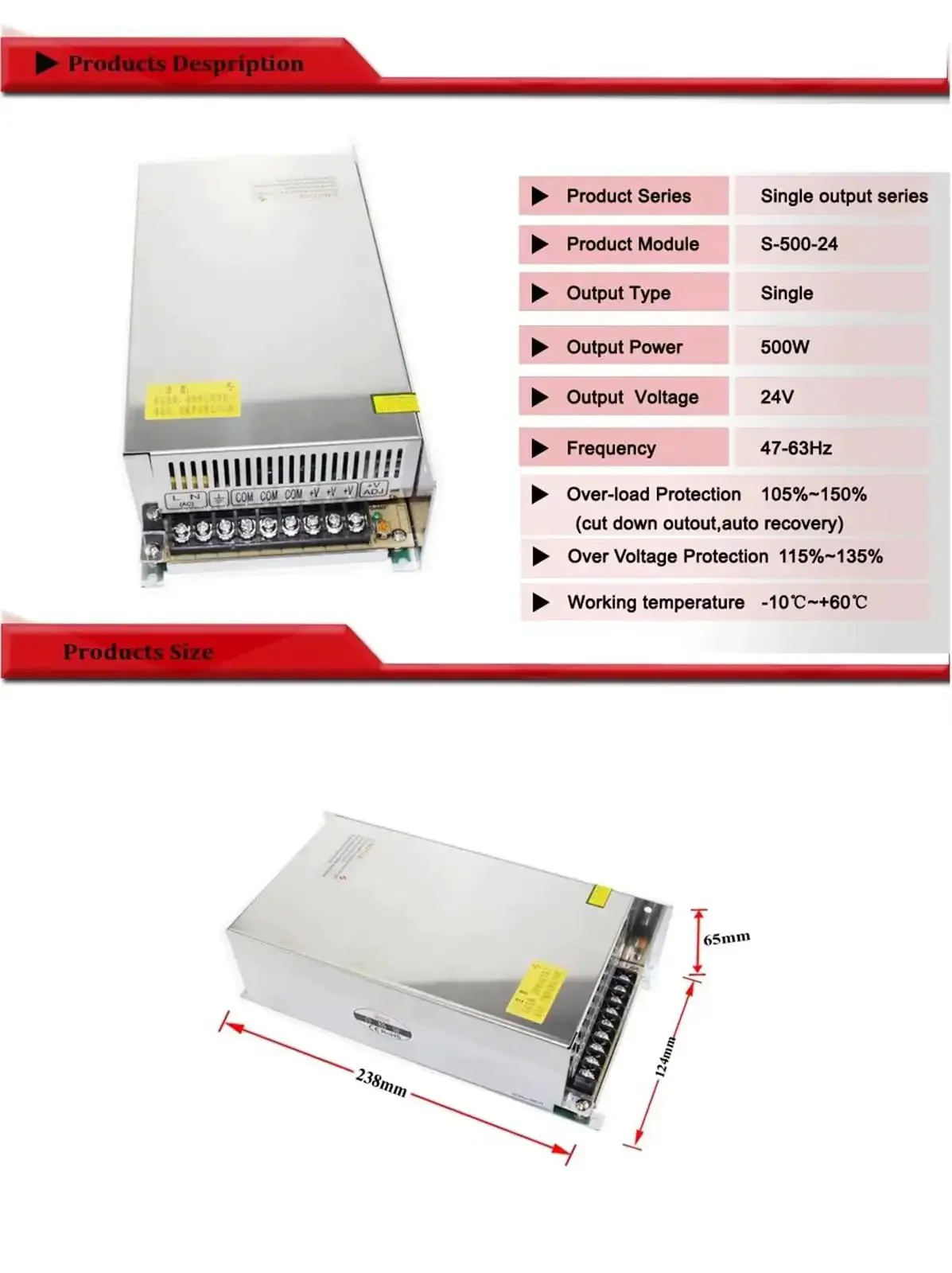 Powerful 500W 24V 20A Single Output Switch Mode Power Supply For LED Lighting Systems SMPS Driver S50024 Durable Efficient Plug And Play No Fuss Unit With Stable Quiet Operation For Industrial And DIY Projects - Image 2