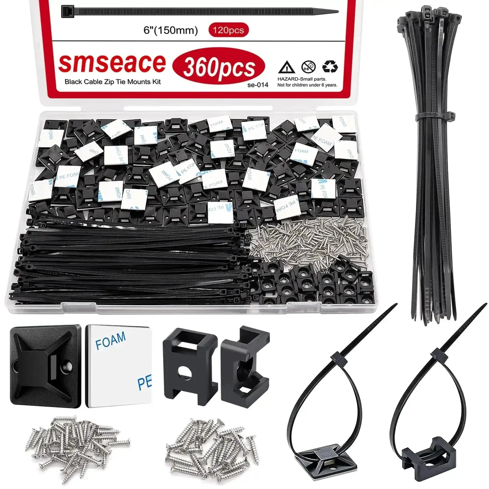Powerful Back Glue Self Adhesive Cable Zip Tie Mounts Kit With 360 Pieces Black Mounts 6 Inch Zip Ties Outdoor UV Protected Wire Fasteners Cable Clips And Screws For Easy Durable Wiring Management