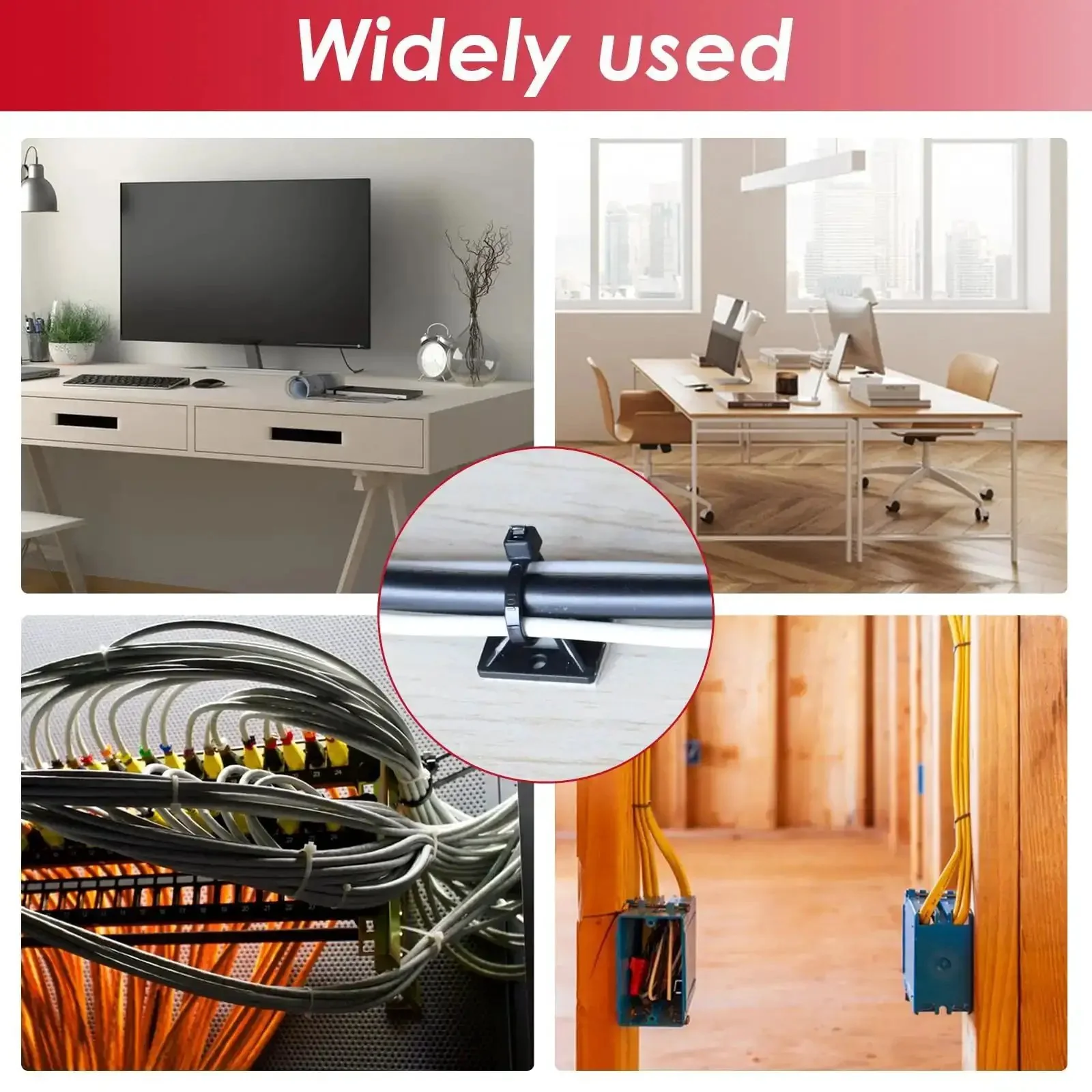 Powerful Back Glue Self Adhesive Cable Zip Tie Mounts Kit With 360 Pieces Black Mounts 6 Inch Zip Ties Outdoor UV Protected Wire Fasteners Cable Clips And Screws For Easy Durable Wiring Management - Image 2