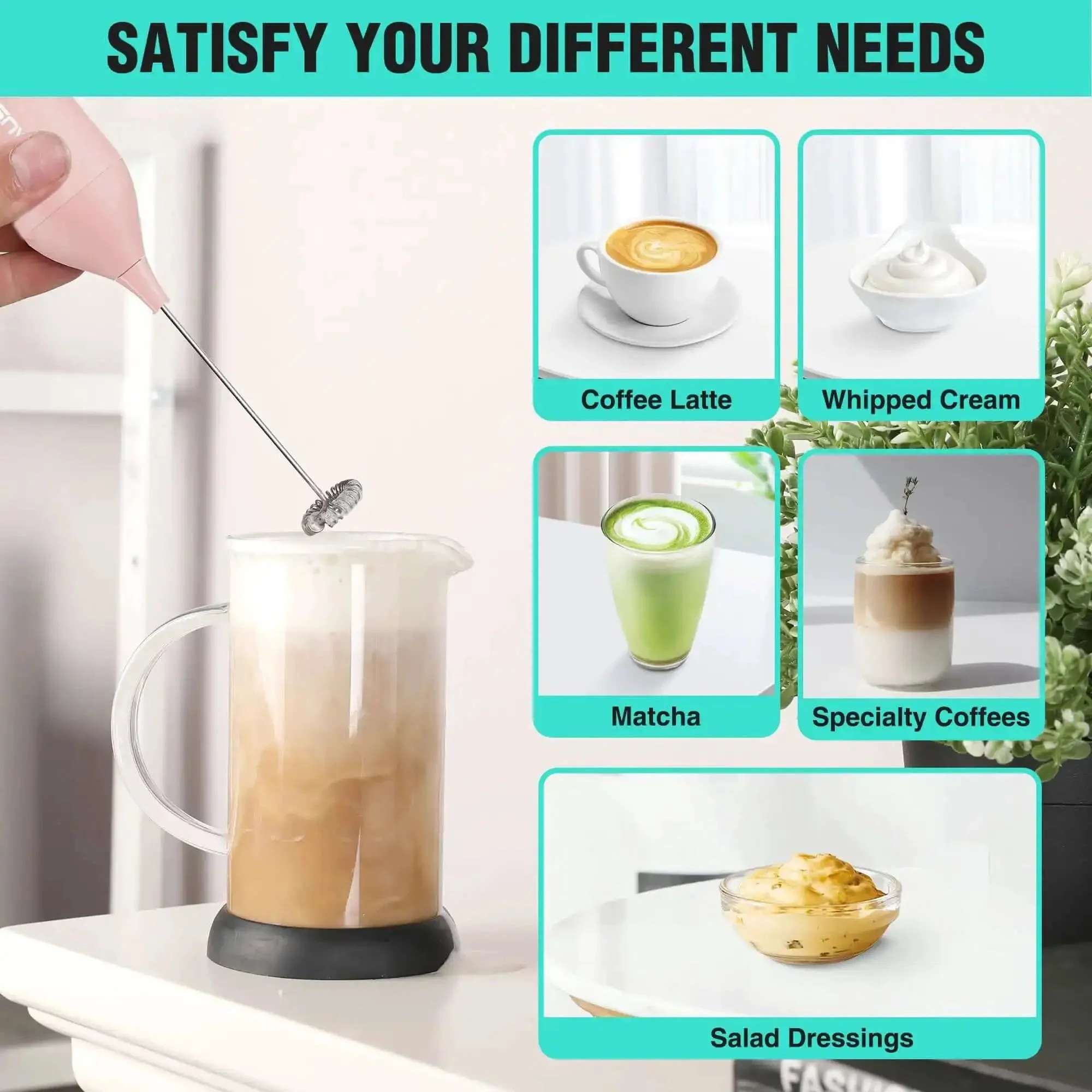 Powerful Rechargeable Milk Frother Wand With Stand, Handheld Electric Foam Maker For Coffee, Latte, Cappuccino, And Matcha, Detachable Stainless Steel Whisk, Type C Charging Cable Included, Pink - Image 3