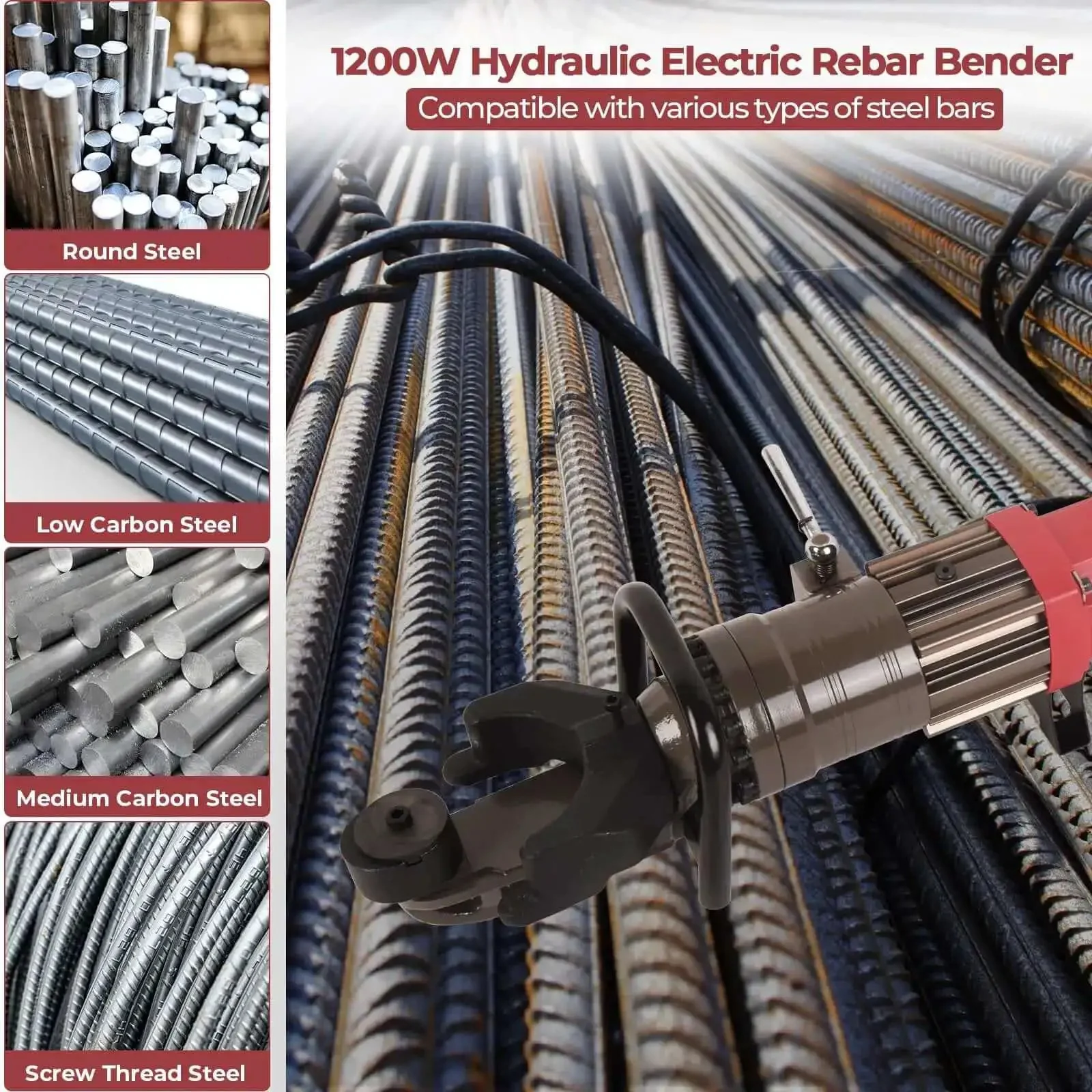 Powerhouse 1200W Electric Hydraulic Rebar Bender Tool For Seven Eighths Inch Rebar Up To 90 Degree Bends 110V Portable Handheld Metal Rod Bending Machine With Storage Box - Image 3