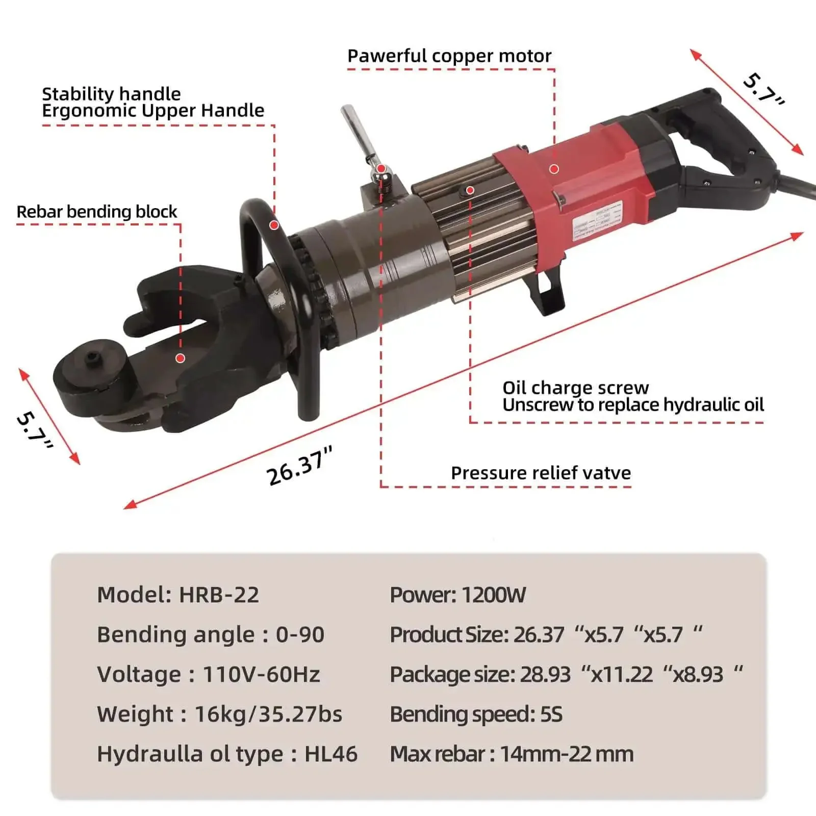 Powerhouse 1200W Electric Hydraulic Rebar Bender Tool For Seven Eighths Inch Rebar Up To 90 Degree Bends 110V Portable Handheld Metal Rod Bending Machine With Storage Box - Image 7