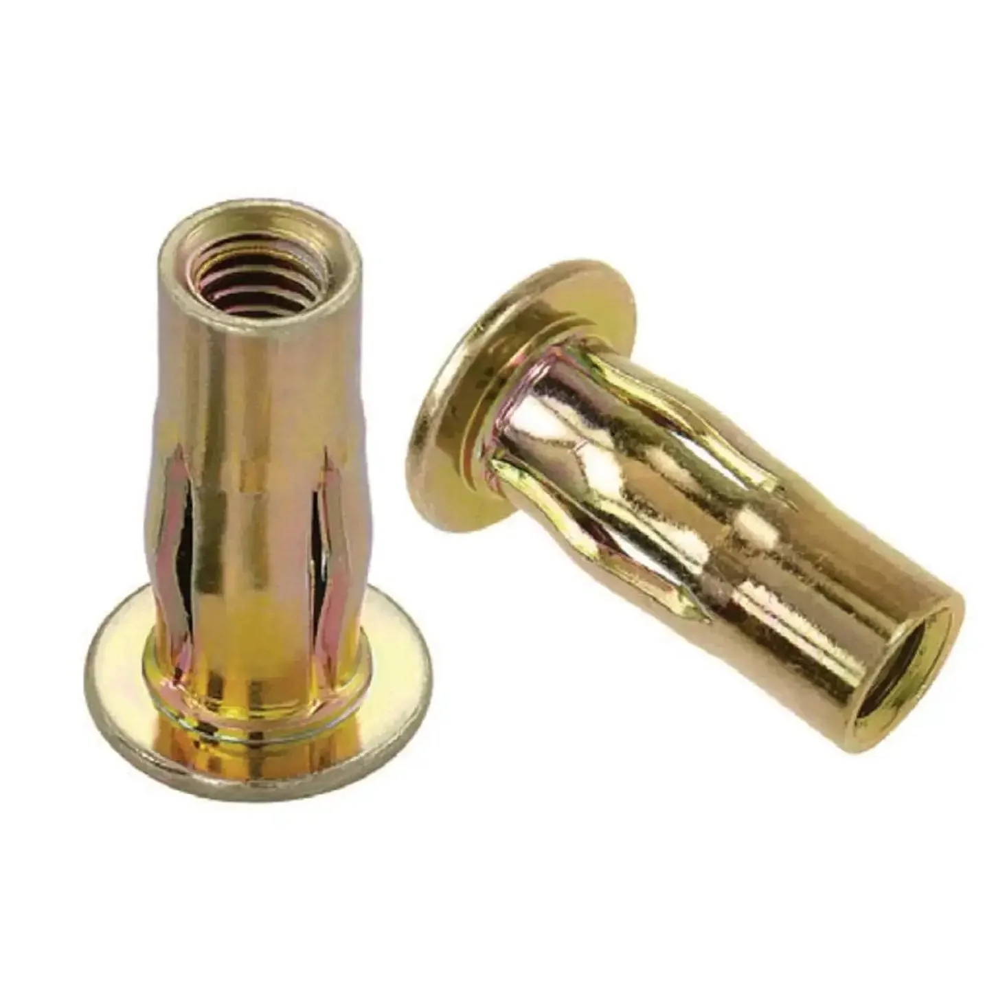 Pre-Bulbed Steel Threaded Rivet Nut With Shank, Multi Grip 5/16-18,.020-.280 Grip Range, Anti-Rotation Knurled Body, Designed For Plastics And Thin Sheet Metal, Gold Zinc Finish, Pack Of 25