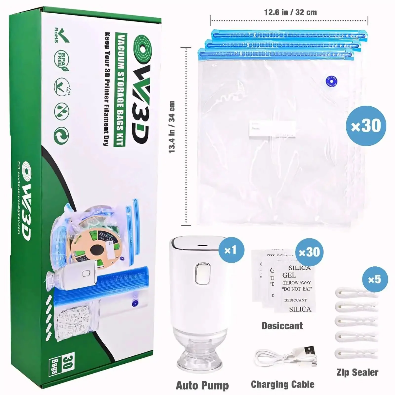 Premium 30 Pack Large 32x34cm Vacuum Sealed Filament Storage Bags Kit With Auto Pump 30 Desiccants And Clips No Fuss For 3D Filament Storage Or Using After Filament Dryer Box - Image 7