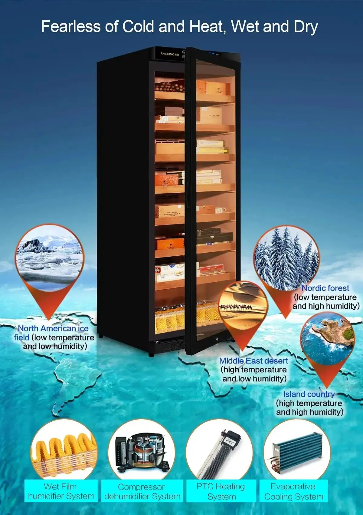 Premium 380L Humidor Cabinet With Constant Temperature And Humidity Wood Frame In Piano Black Finish Seven Premium Cedar Trays For Storing And Aging Fine Cigars Built In Humidity Control And Quiet Fan Cooling - Image 7