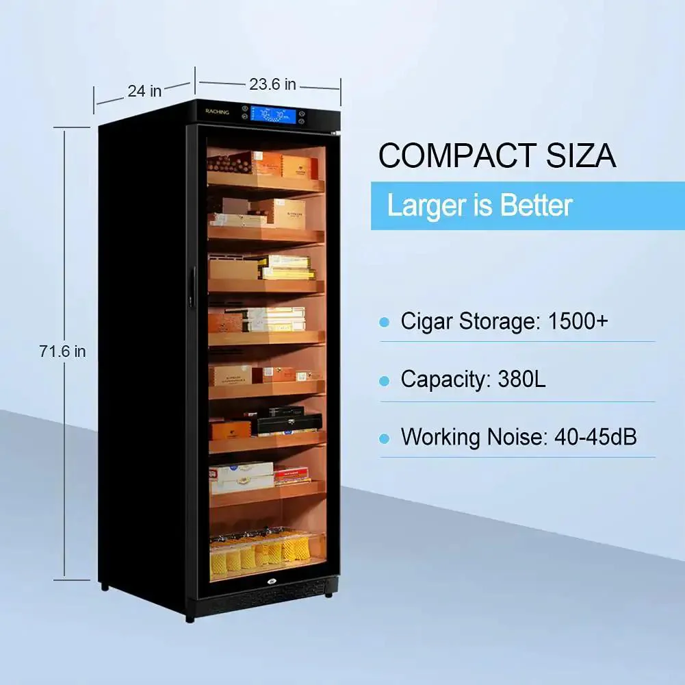 Premium 380L Humidor Cabinet With Constant Temperature And Humidity Wood Frame In Piano Black Finish Seven Premium Cedar Trays For Storing And Aging Fine Cigars Built In Humidity Control And Quiet Fan Cooling - Image 8