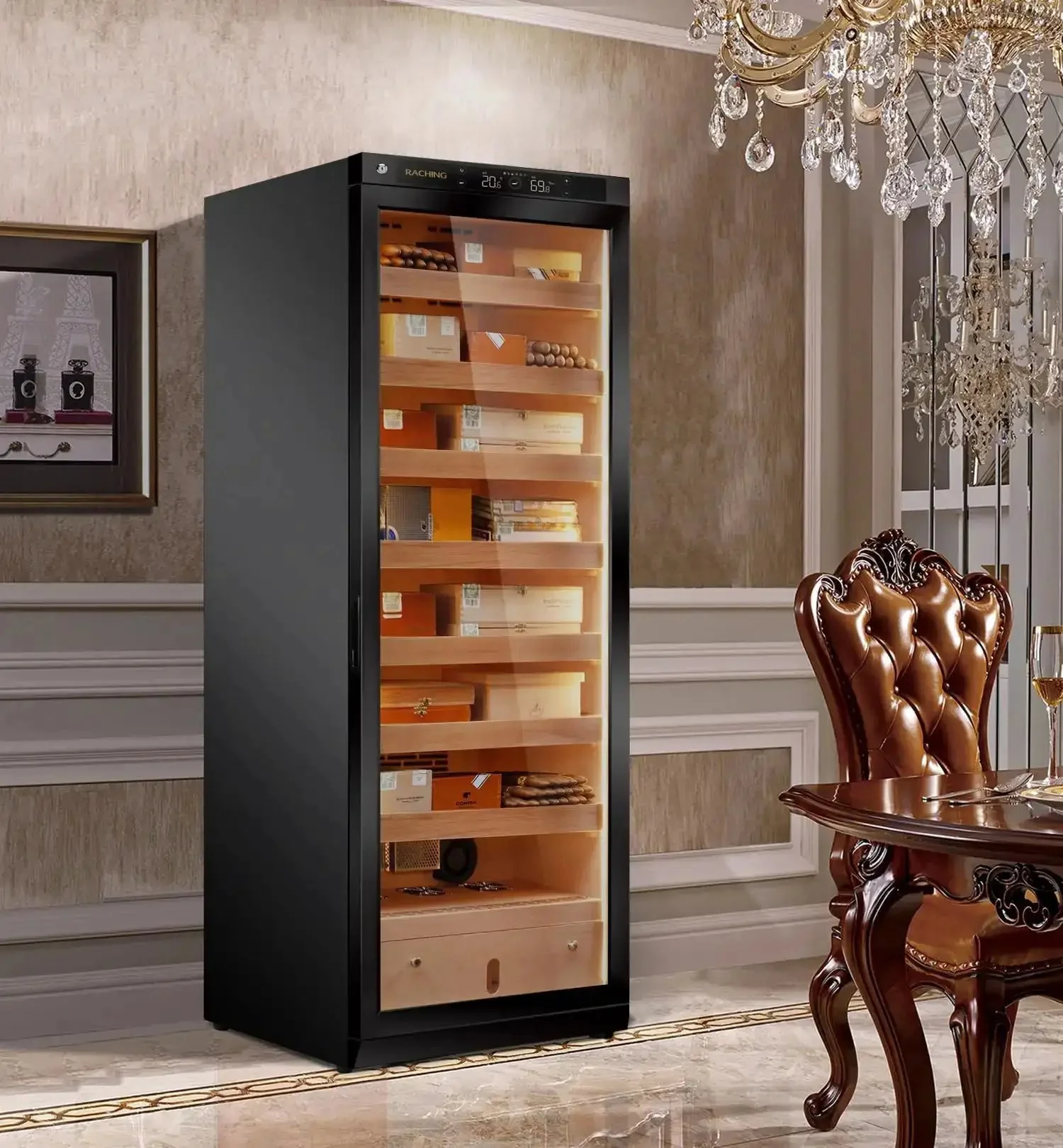 Premium 380L Humidor Cabinet With Constant Temperature And Humidity Wood Frame In Piano Black Finish Seven Premium Cedar Trays For Storing And Aging Fine Cigars Built In Humidity Control And Quiet Fan Cooling - Image 9