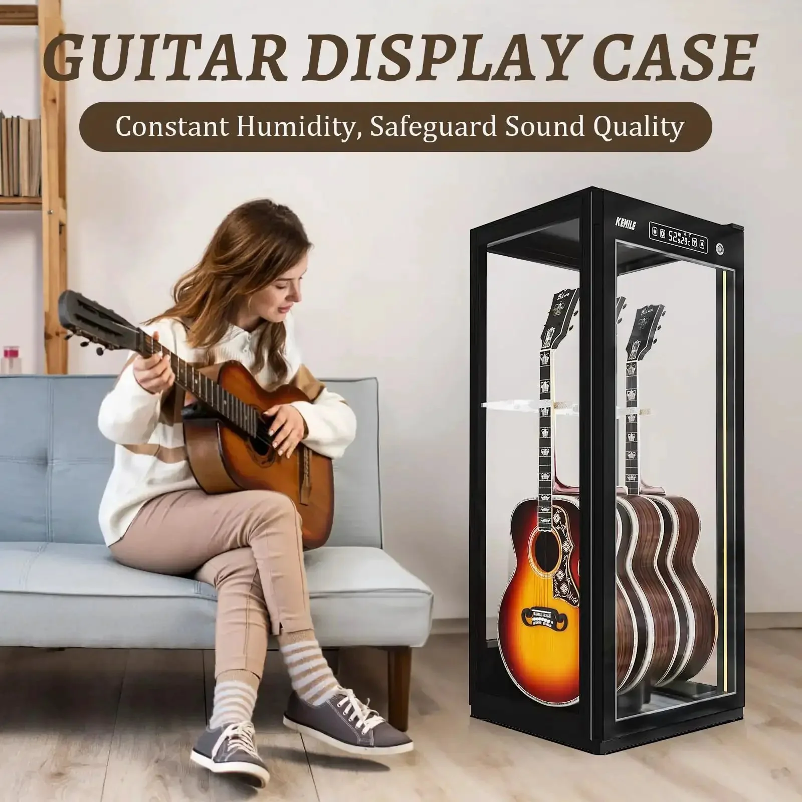 Premium Guitar Display Case With Humidification And Constant Temperature Control, Smart Touch And Fingerprint Lock, Adjustable Racks For Three Acoustic And Four Electric Guitars, Transparent Four Sided Glass Cabinet - Image 5