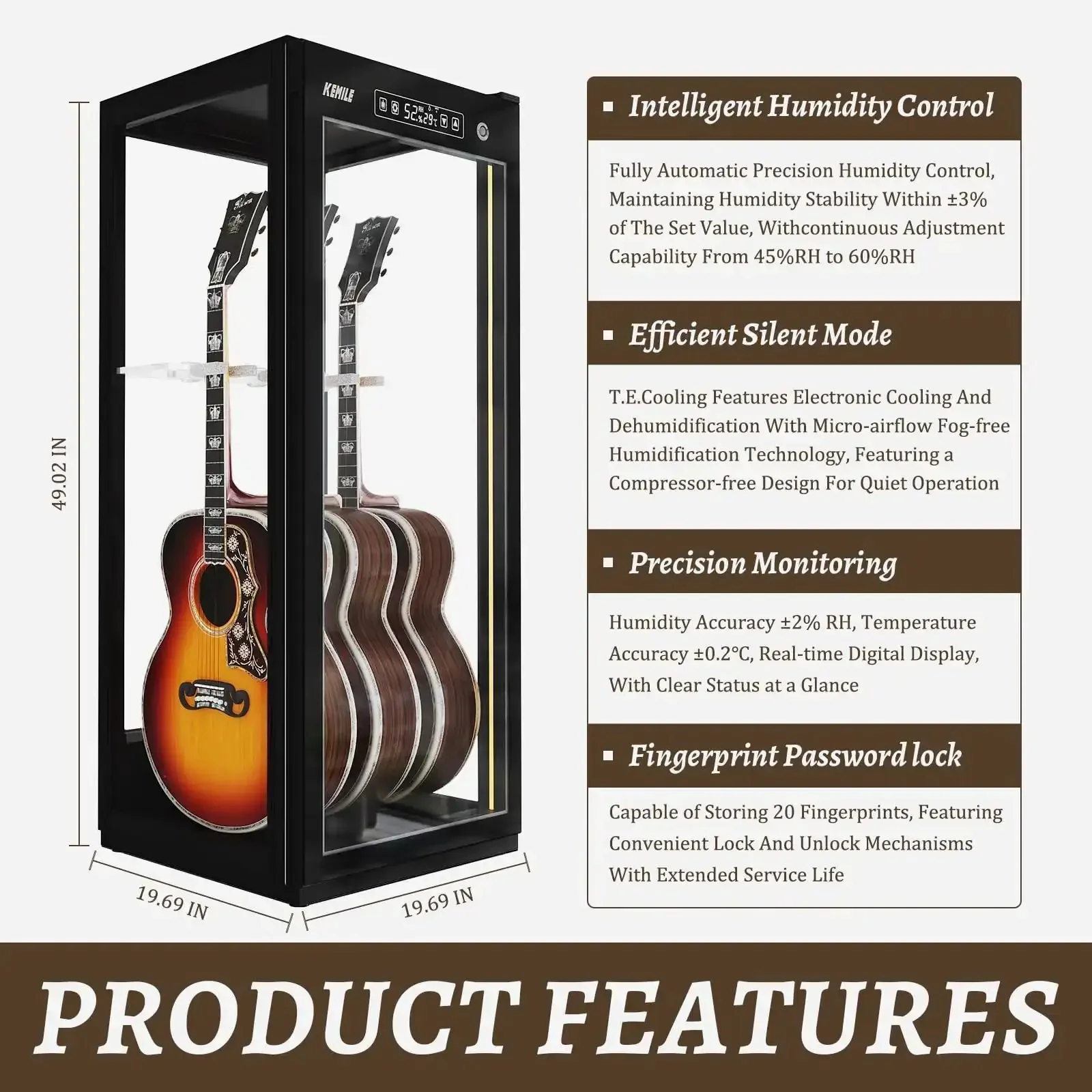 Premium Guitar Display Case With Humidification And Constant Temperature Control, Smart Touch And Fingerprint Lock, Adjustable Racks For Three Acoustic And Four Electric Guitars, Transparent Four Sided Glass Cabinet - Image 6