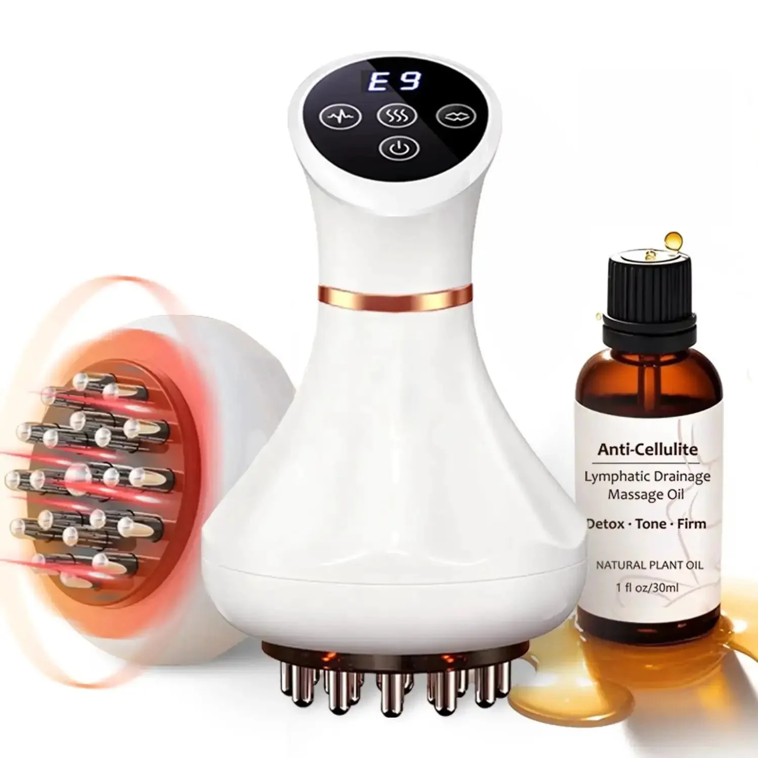 Premium Lymphatic Drainage Massager For Body Shaping With Microcurrent, Vibration, Light And Heat Therapies, Anti Cellulite Tool To Reduce Water Retention, Stretch Marks And Cellulite On Legs, Arms And Belly, Includes Body Oil