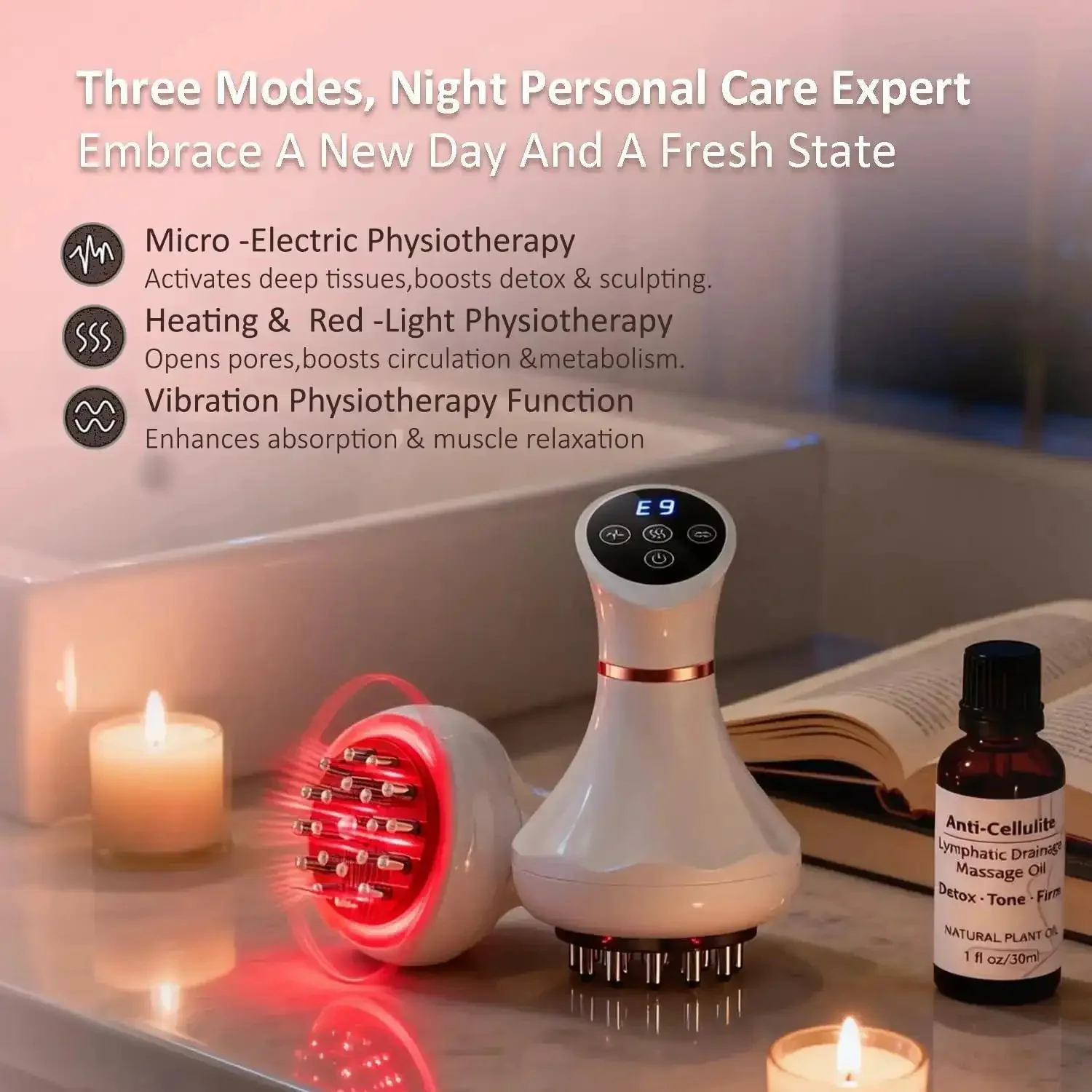 Premium Lymphatic Drainage Massager For Body Shaping With Microcurrent, Vibration, Light And Heat Therapies, Anti Cellulite Tool To Reduce Water Retention, Stretch Marks And Cellulite On Legs, Arms And Belly, Includes Body Oil - Image 4