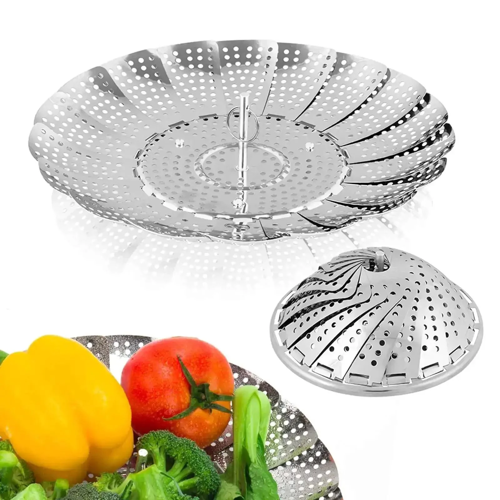 Premium Stainless Steel Veggie Steamer Basket, Folding Expandable Design That Fits Any Pot From 6 to 10.5 Inches, Easy Lift Handle, Nutrient Preserving Steamer for Healthier Cooking