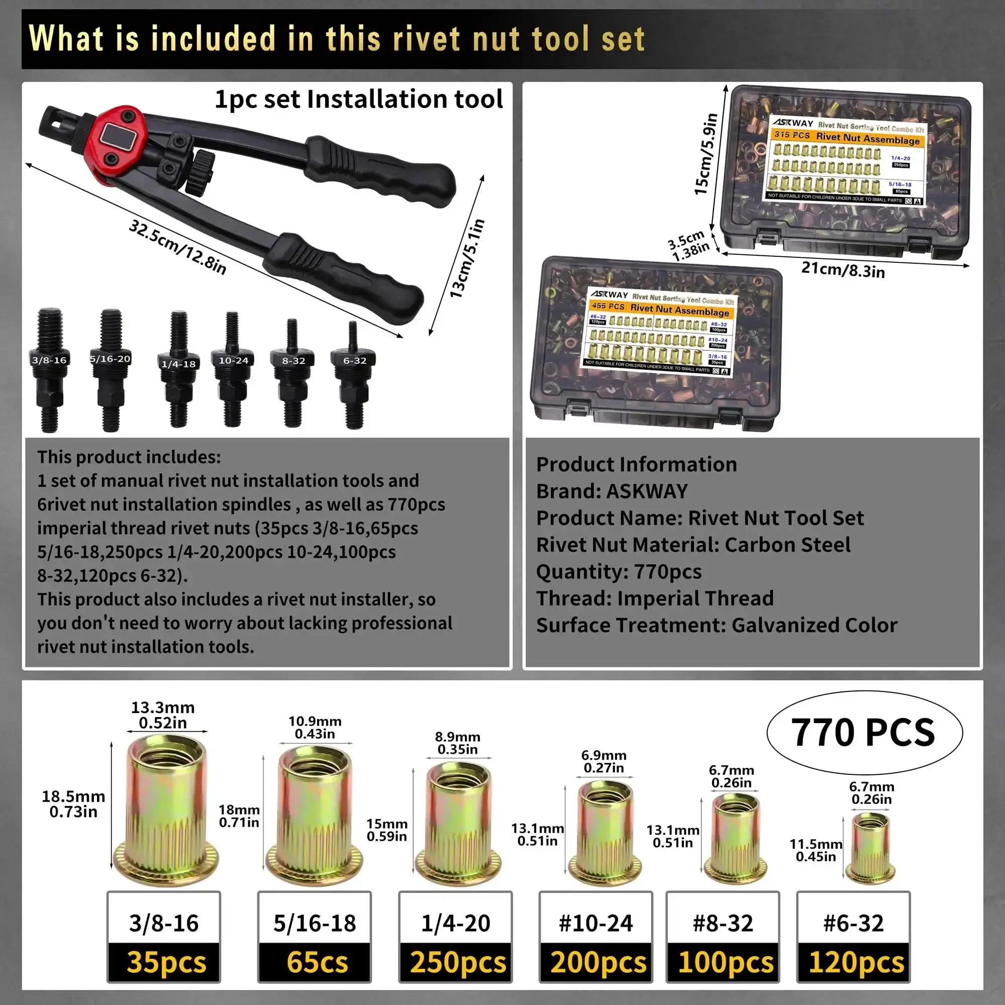 Pressure Rivet Nut Tool Kit, 770-Piece Imperial Rivet Nut Set For 3/8-16, 5/16-18, 1/4, 10-24, 8-32, 6-32 Threads, Pro Grade Heavy Duty Kit For Furniture, Auto, Marine, Decoration And Industrial Projects - Image 5