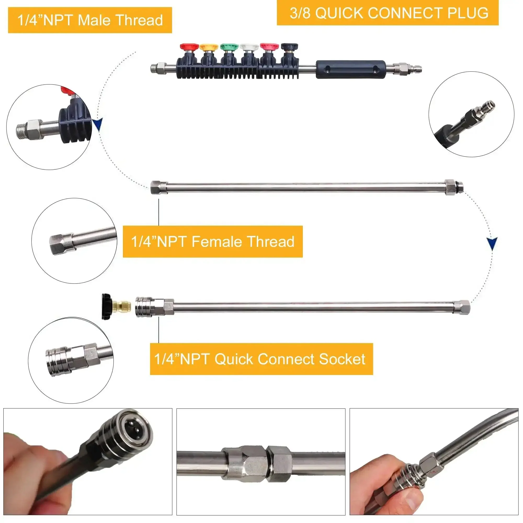 Pressure Washer Extension Wand Set, 15 Inch Stainless Steel Lance Kit With 30 Degree, 90 Degree And U Shaped Wands, Six Nozzle Tips And Ten Replacement Rings, One Quarter Inch Quick Connect, Gutter Cleaner Attachment, Up To 4000 PSI - Image 6