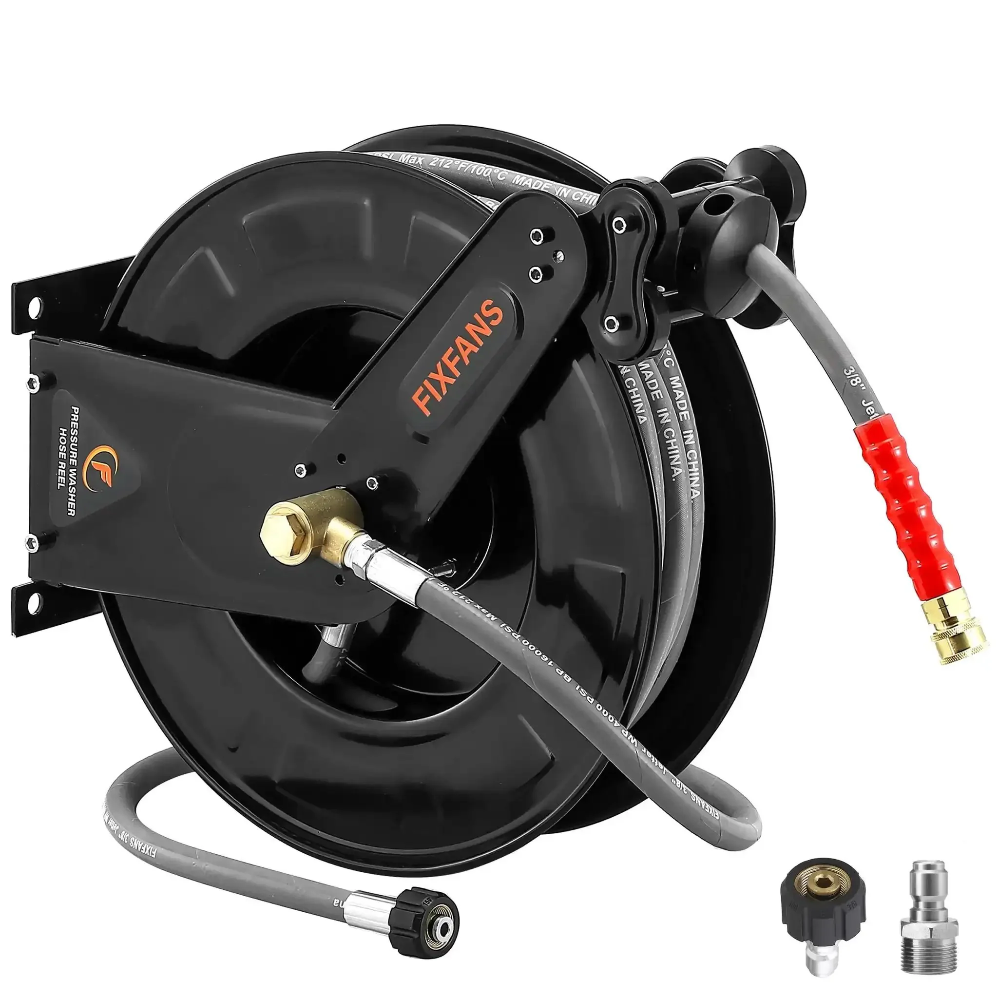 Pressure Washer Hose Reel With 50 Ft Three Eighths Inch Wire Braided Hose For Hot And Cold Water Auto Retractable Heavy Duty Reel 4000 PSI Black Ideal For Home DIY Garage Or Shop Use