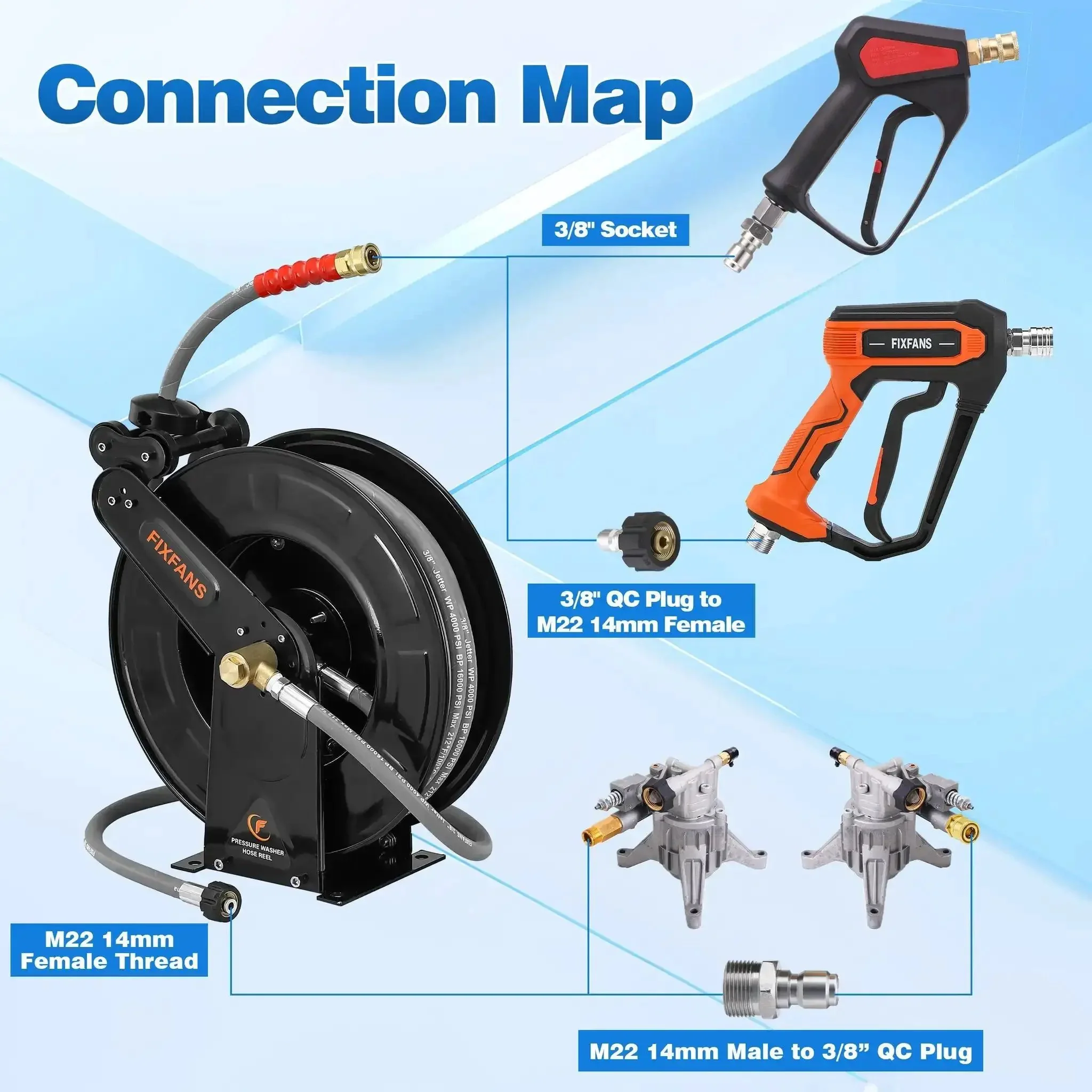 Pressure Washer Hose Reel With 50 Ft Three Eighths Inch Wire Braided Hose For Hot And Cold Water Auto Retractable Heavy Duty Reel 4000 PSI Black Ideal For Home DIY Garage Or Shop Use - Image 4