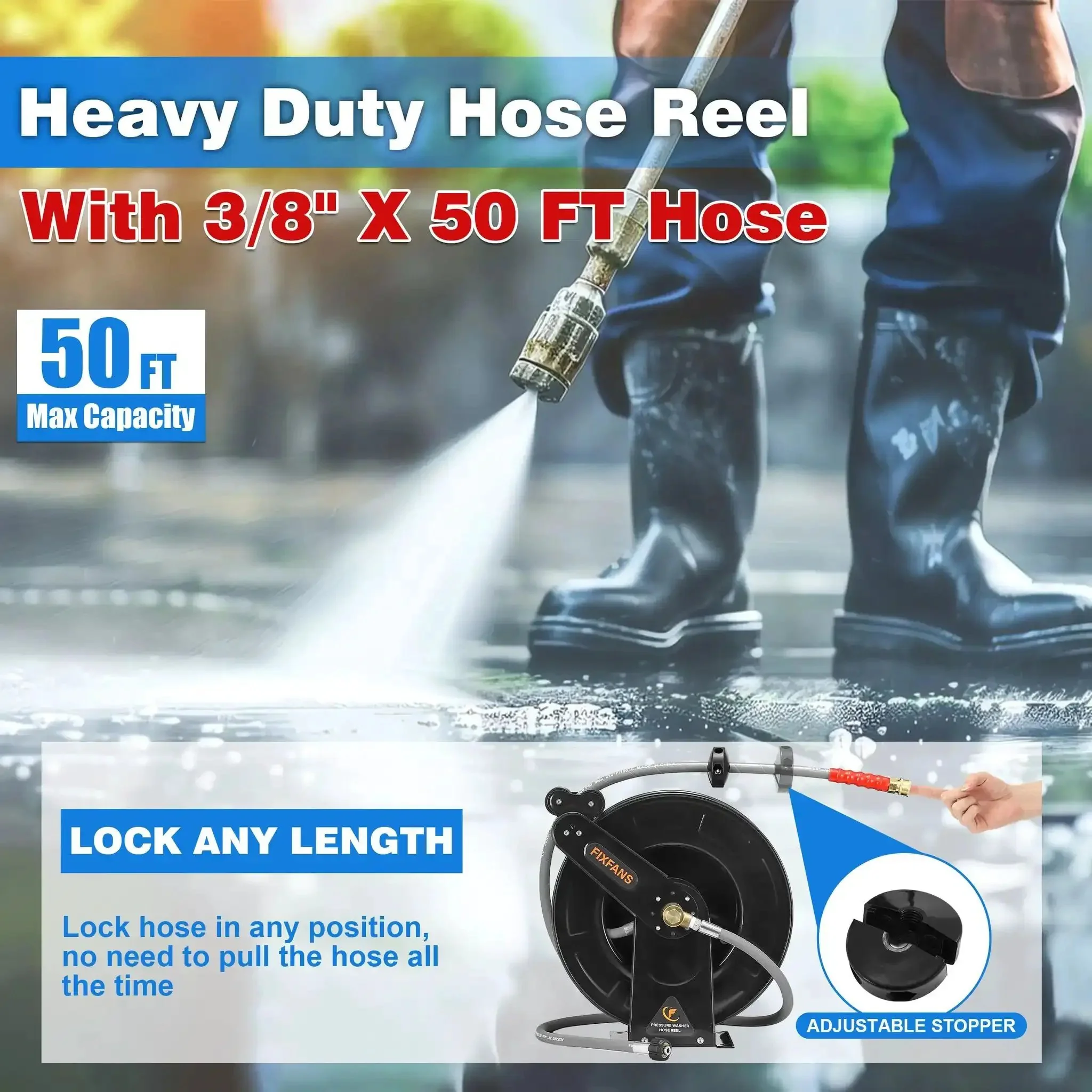 Pressure Washer Hose Reel With 50 Ft Three Eighths Inch Wire Braided Hose For Hot And Cold Water Auto Retractable Heavy Duty Reel 4000 PSI Black Ideal For Home DIY Garage Or Shop Use - Image 6