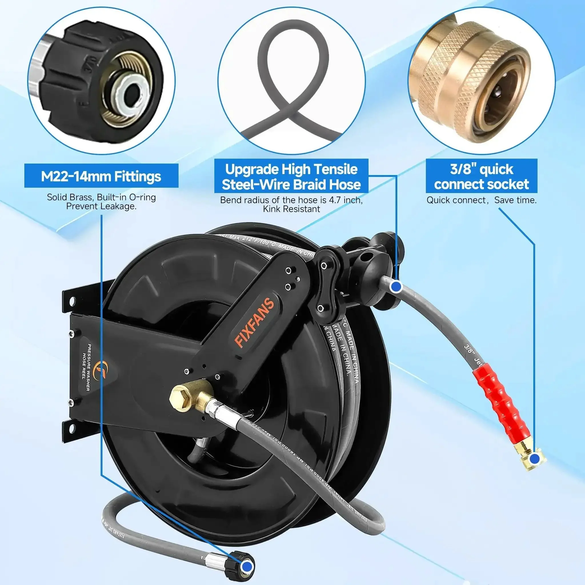 Pressure Washer Hose Reel With 50 Ft Three Eighths Inch Wire Braided Hose For Hot And Cold Water Auto Retractable Heavy Duty Reel 4000 PSI Black Ideal For Home DIY Garage Or Shop Use - Image 7