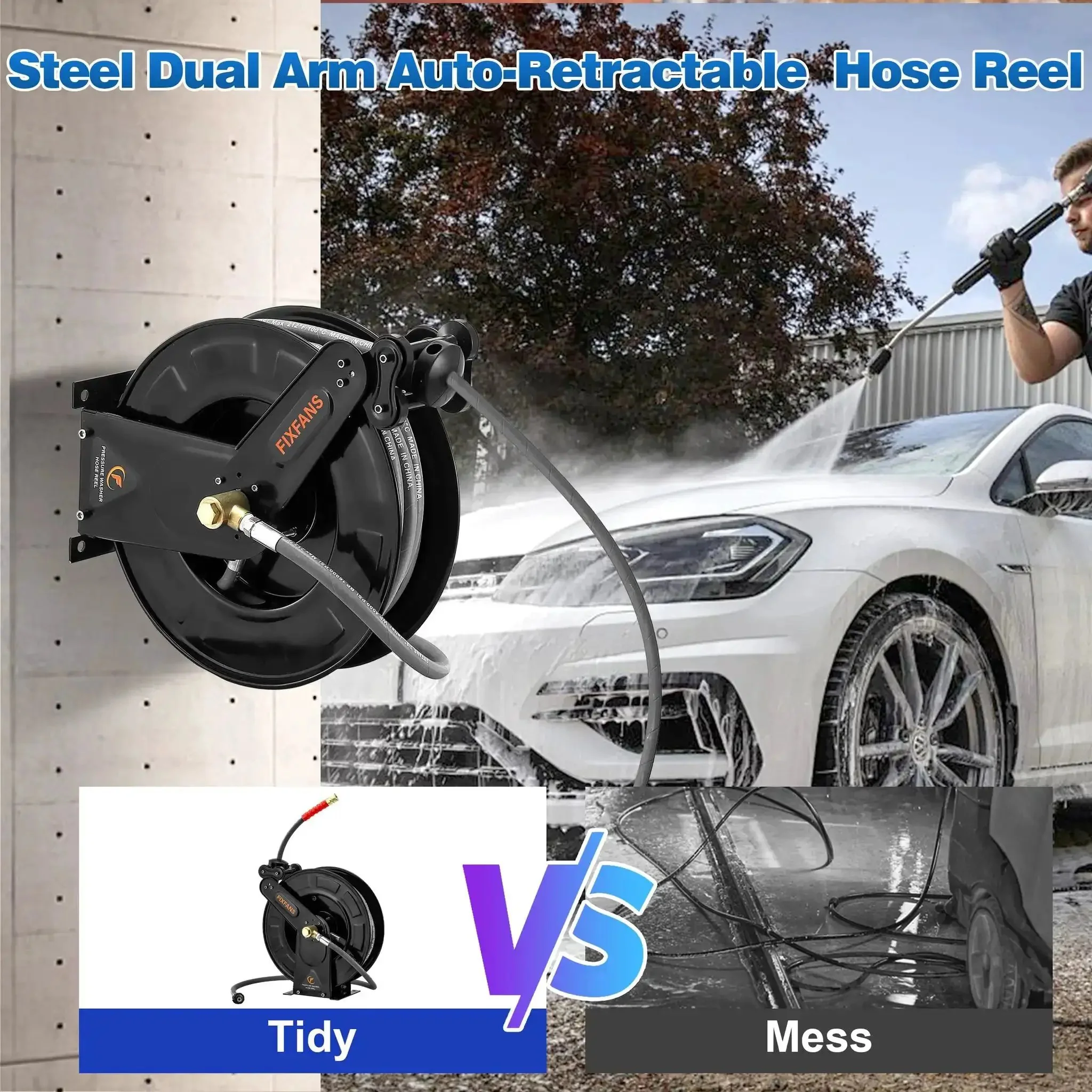 Pressure Washer Hose Reel With 50 Ft Three Eighths Inch Wire Braided Hose For Hot And Cold Water Auto Retractable Heavy Duty Reel 4000 PSI Black Ideal For Home DIY Garage Or Shop Use - Image 9